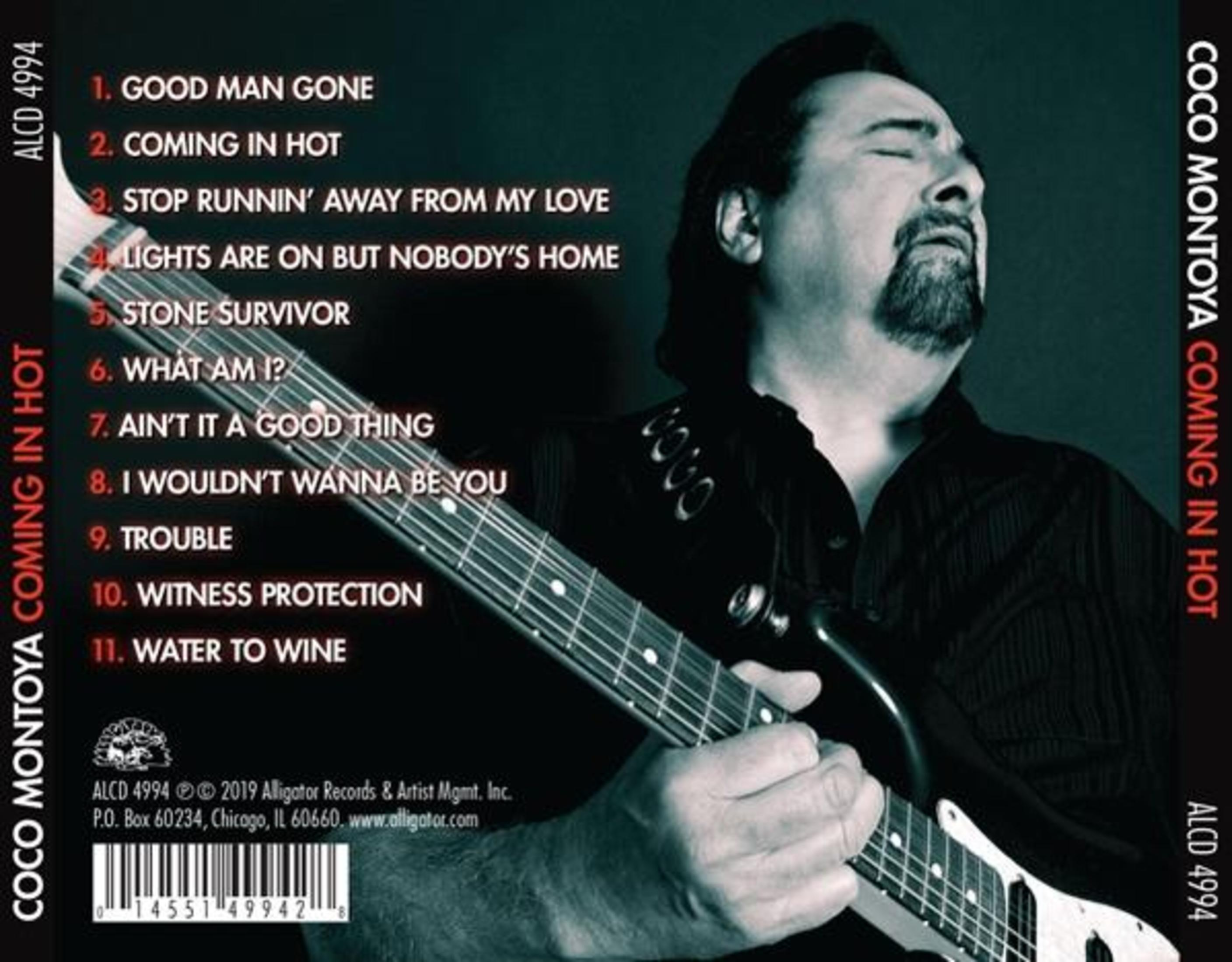 Das Albumcover von Coco Montoya, 'Coming in Hot', zeigt Montoya beim Gitarrespielen mit den Songtiteln an der Seite.