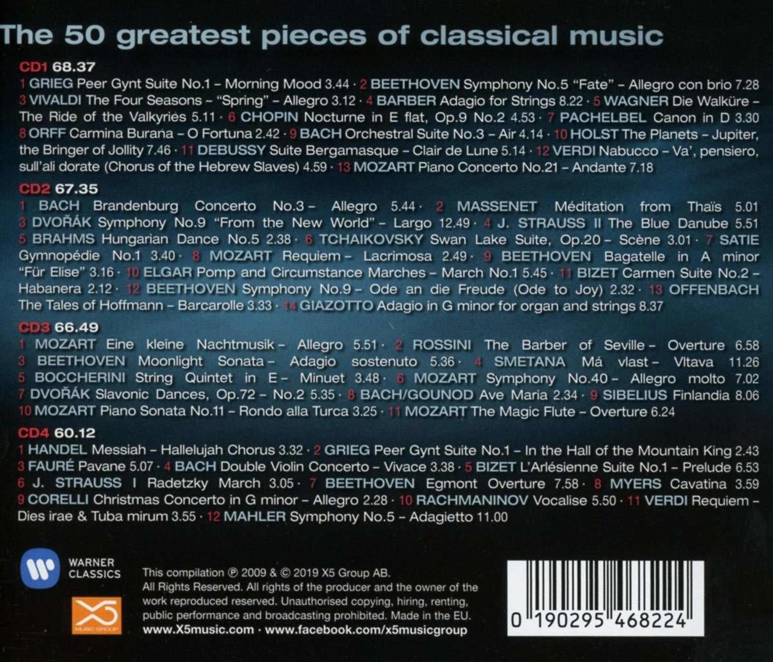 Een cd-hoes met een lijst met klassieke muziekstukken. De tekst bevat componisten en titels van nummers. Het Warner Classics-logo is zichtbaar.