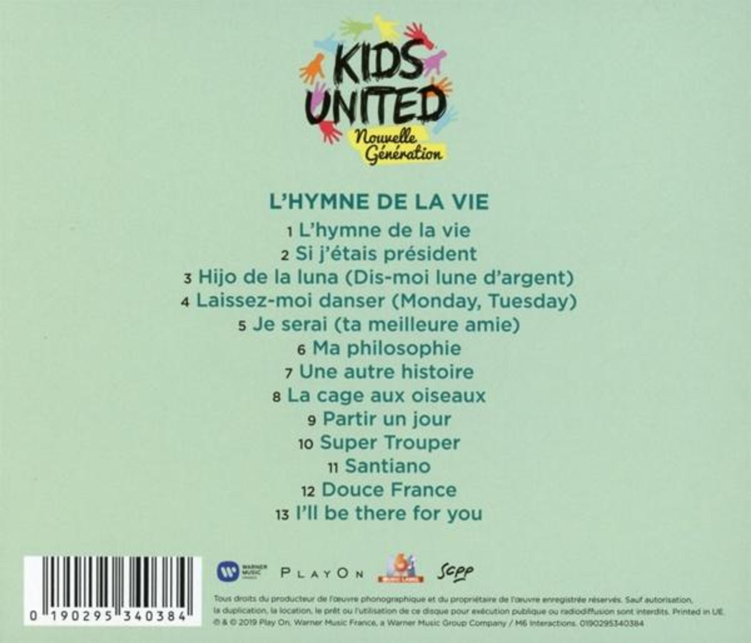 CD-Cover mit Kids United-Logo und Titeln auf Französisch. Mit Barcode und Urheberrechtsinformationen.