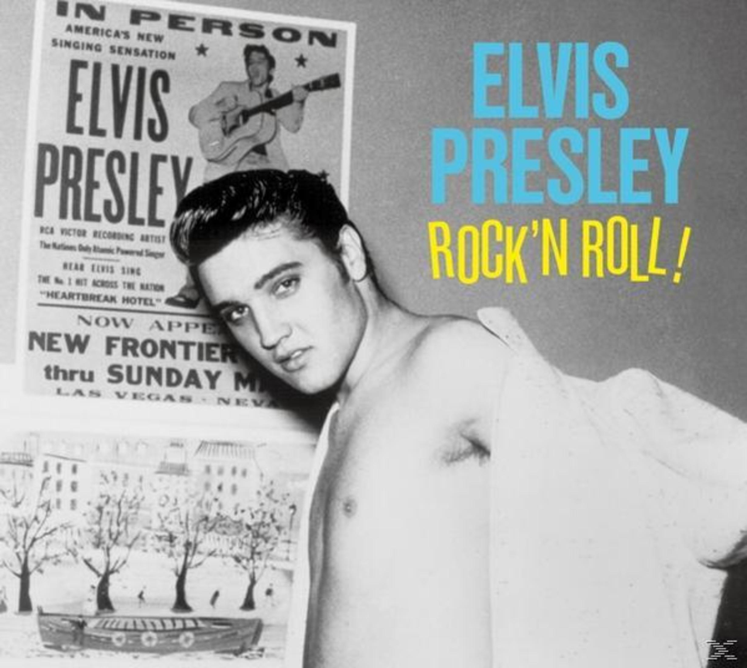 Elvis Presley-portret met een poster achter hem, en de tekst die zegt Elvis Presley Rock'n Roll!