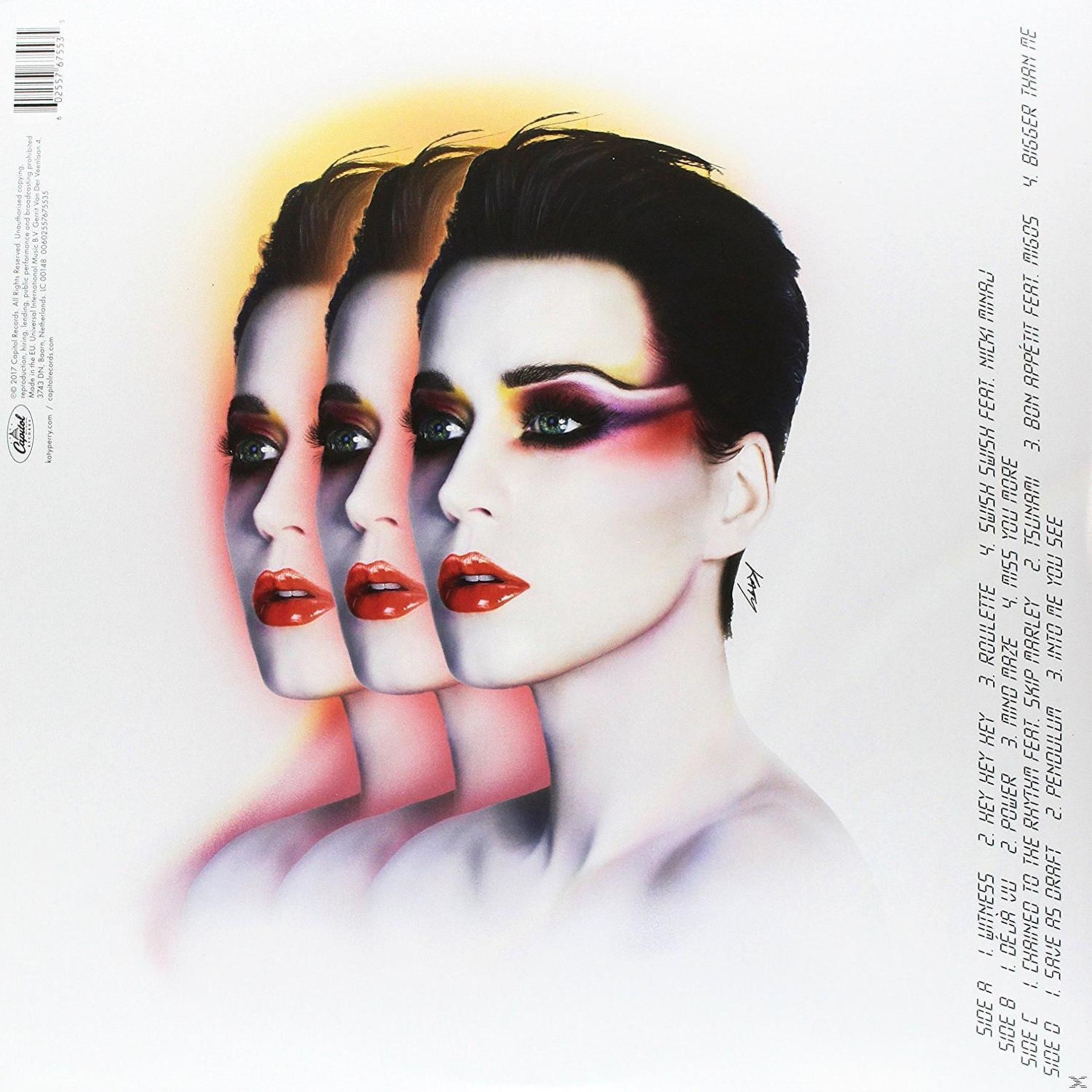Copertina dell'album con tre volti sovrapposti di Katy Perry, trucco vibrante, labbra rosse ed elenco tracce su sfondo bianco.