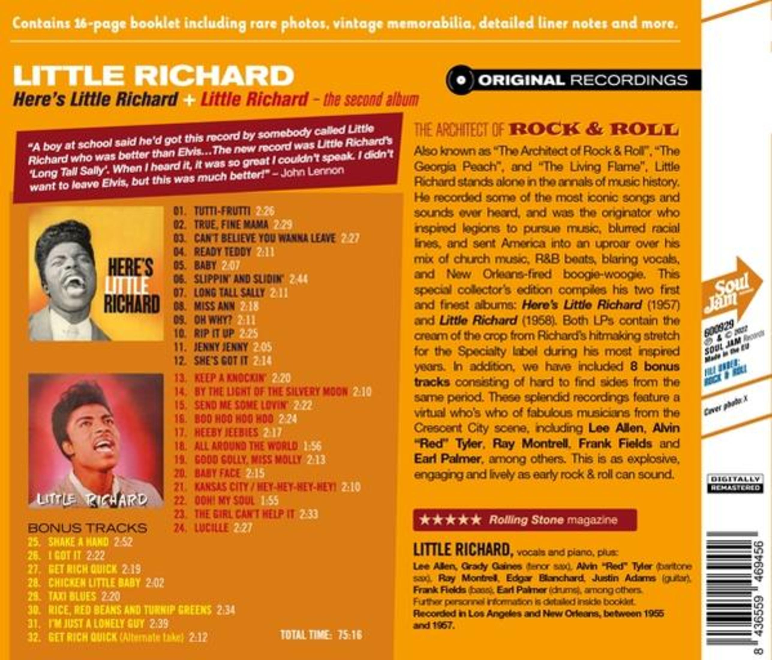 Albumcover. Little Richards Album, mit Titelliste und Text. Der Hintergrund ist orange.