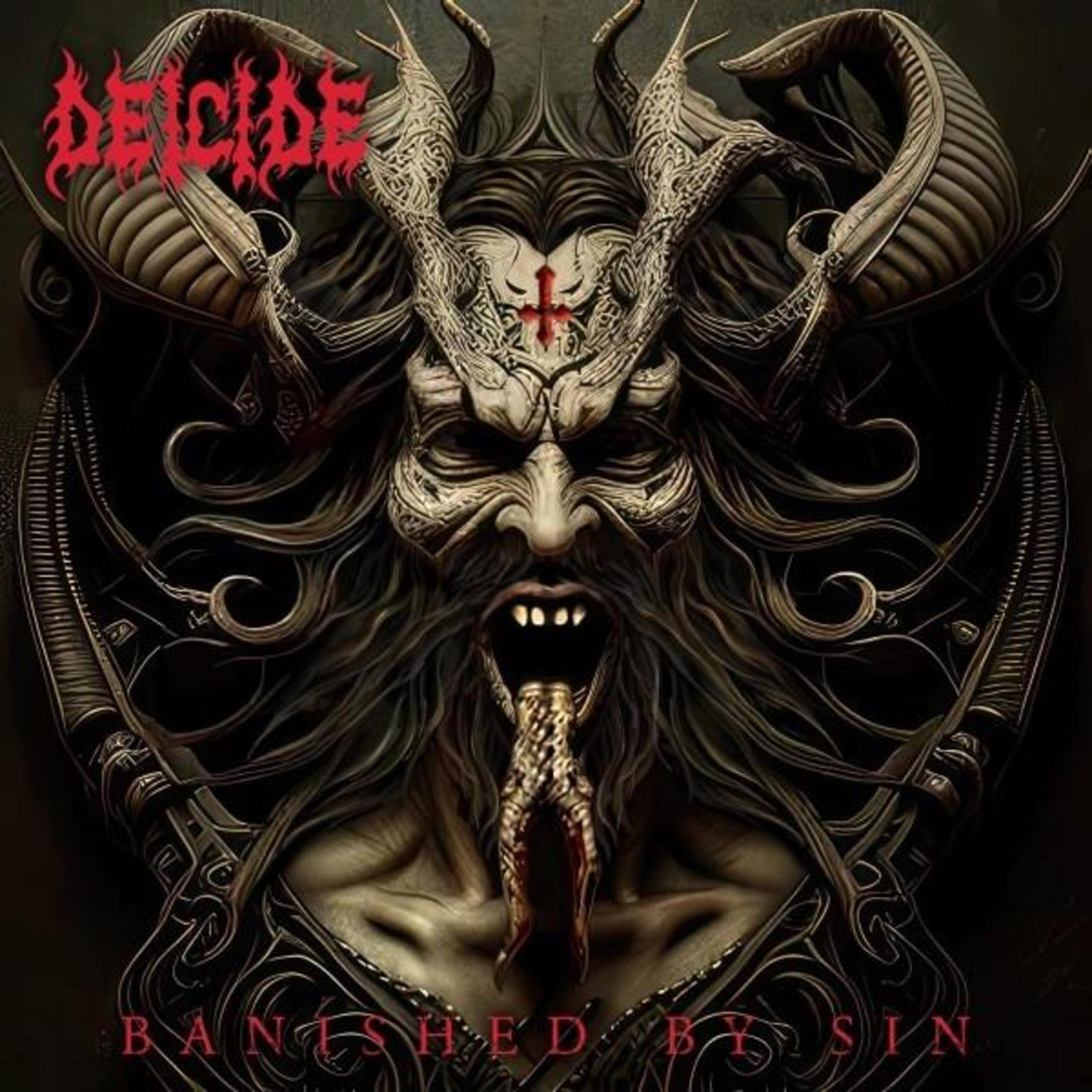 Opera d'arte di un volto demoniaco con corna, una croce rossa sulla fronte e il nome della band 'Deicide'. Testo: 'Banished by Sin'.