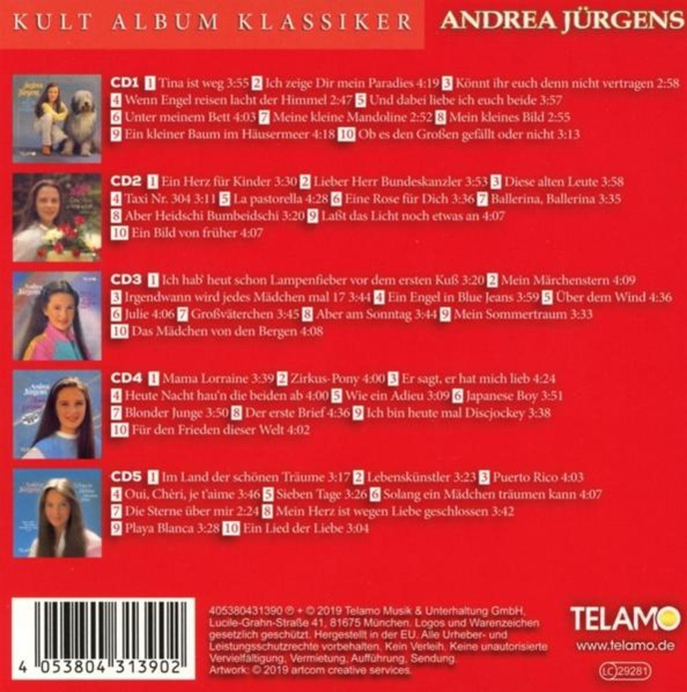 Albumcover mit Bild von Andrea Jürgens, Songtiteln und rotem Hintergrund.
