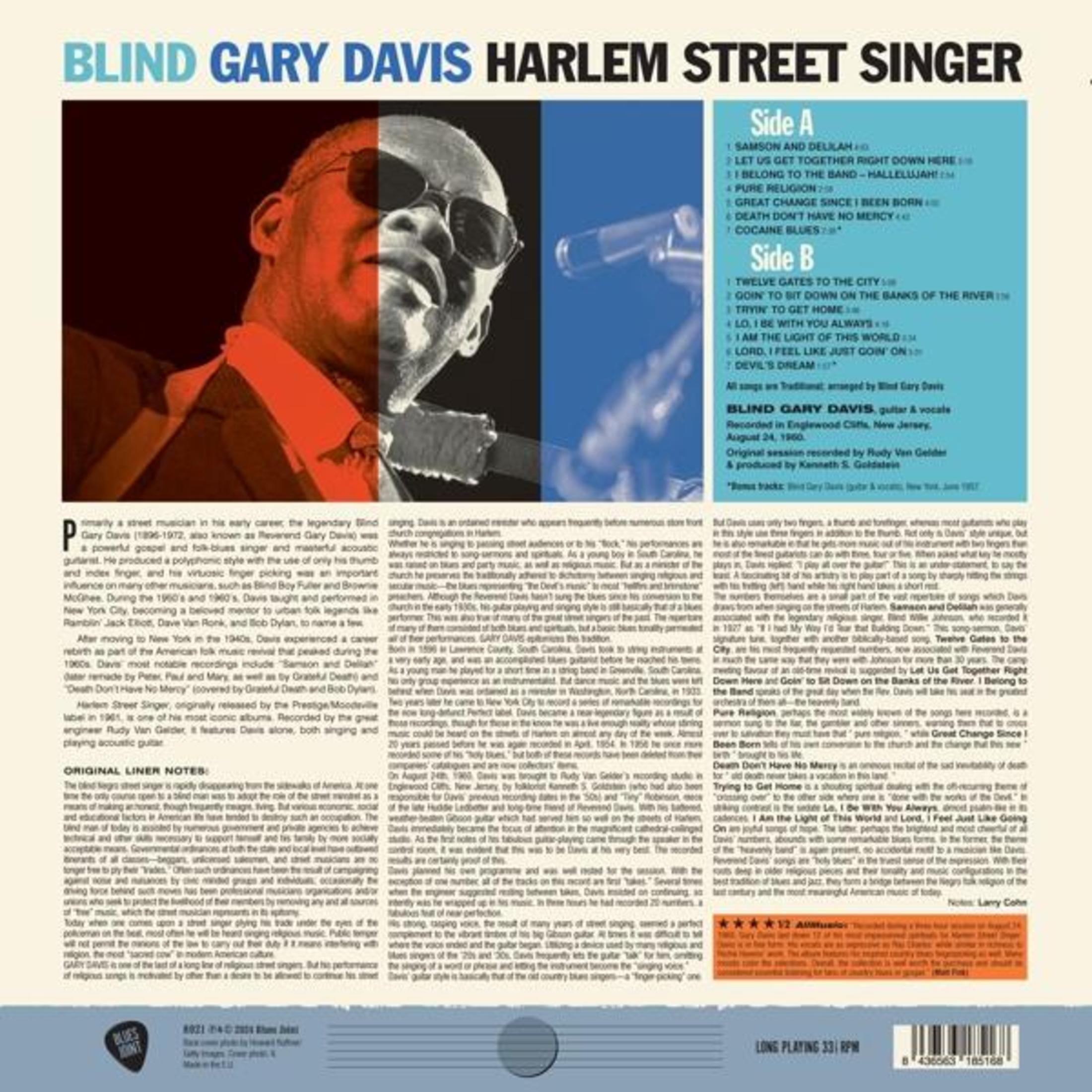 Albumhoes van Blind Gary Davis, met zijn foto en nummerlijst.