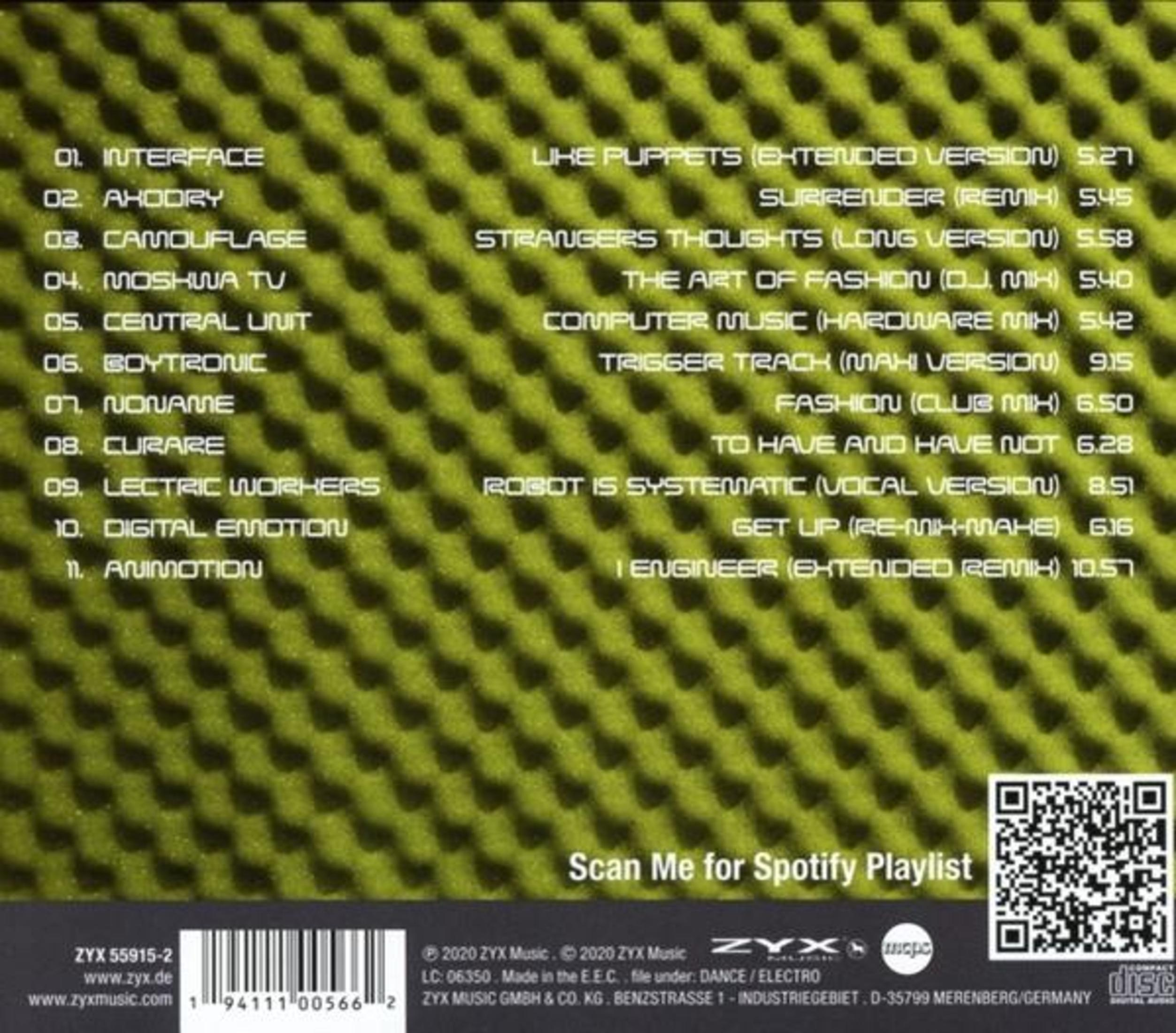 Albumcover mit grün strukturiertem Hintergrund. Text enthält Titelliste und QR-Code für Spotify-Playlist.