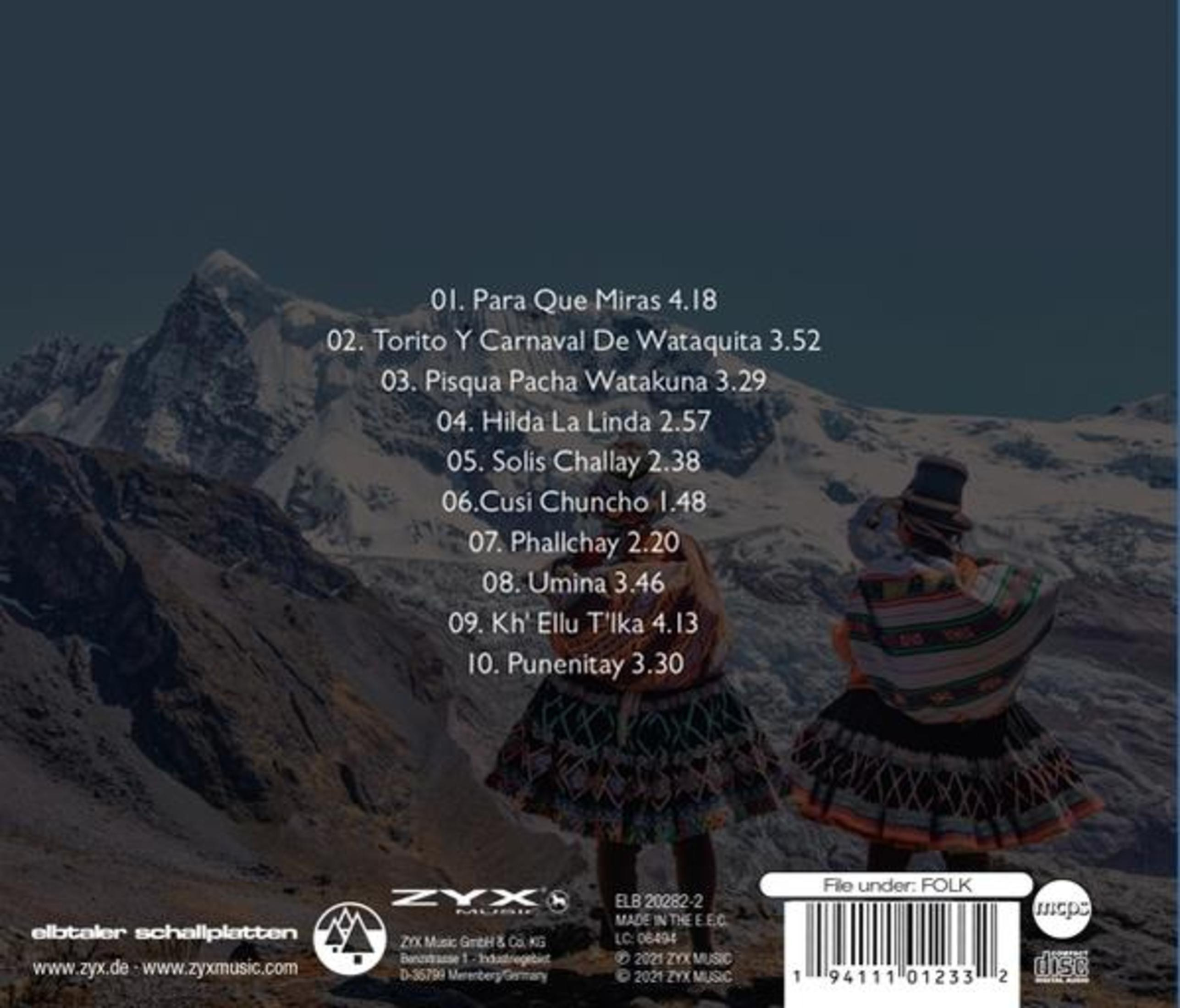 Albumcover zeigt zwei Personen in traditioneller Kleidung mit Bergkulisse. Trackliste und Logos sind ebenfalls vorhanden.