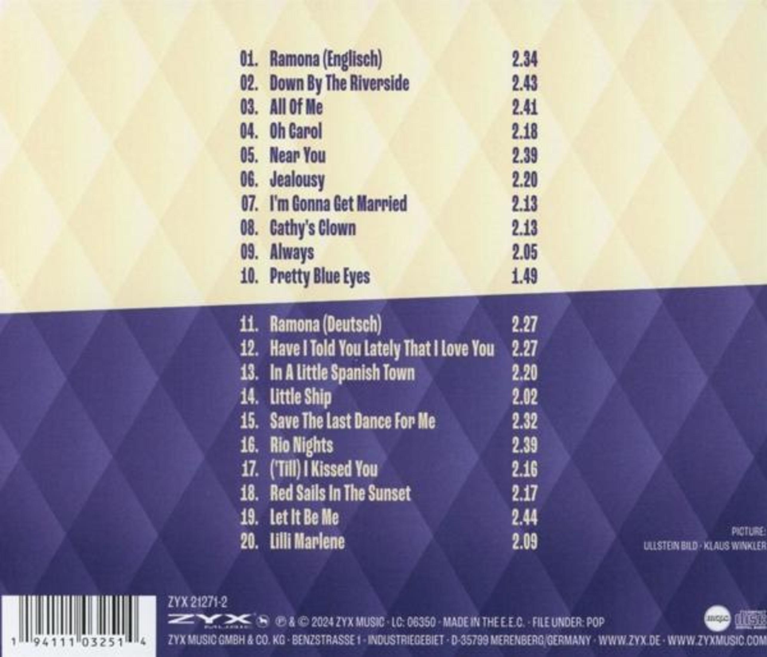 Albumcover mit Titelliste. Hintergrund ist ein Rautenmuster in Creme und Lila. Texte sind in Schwarz.