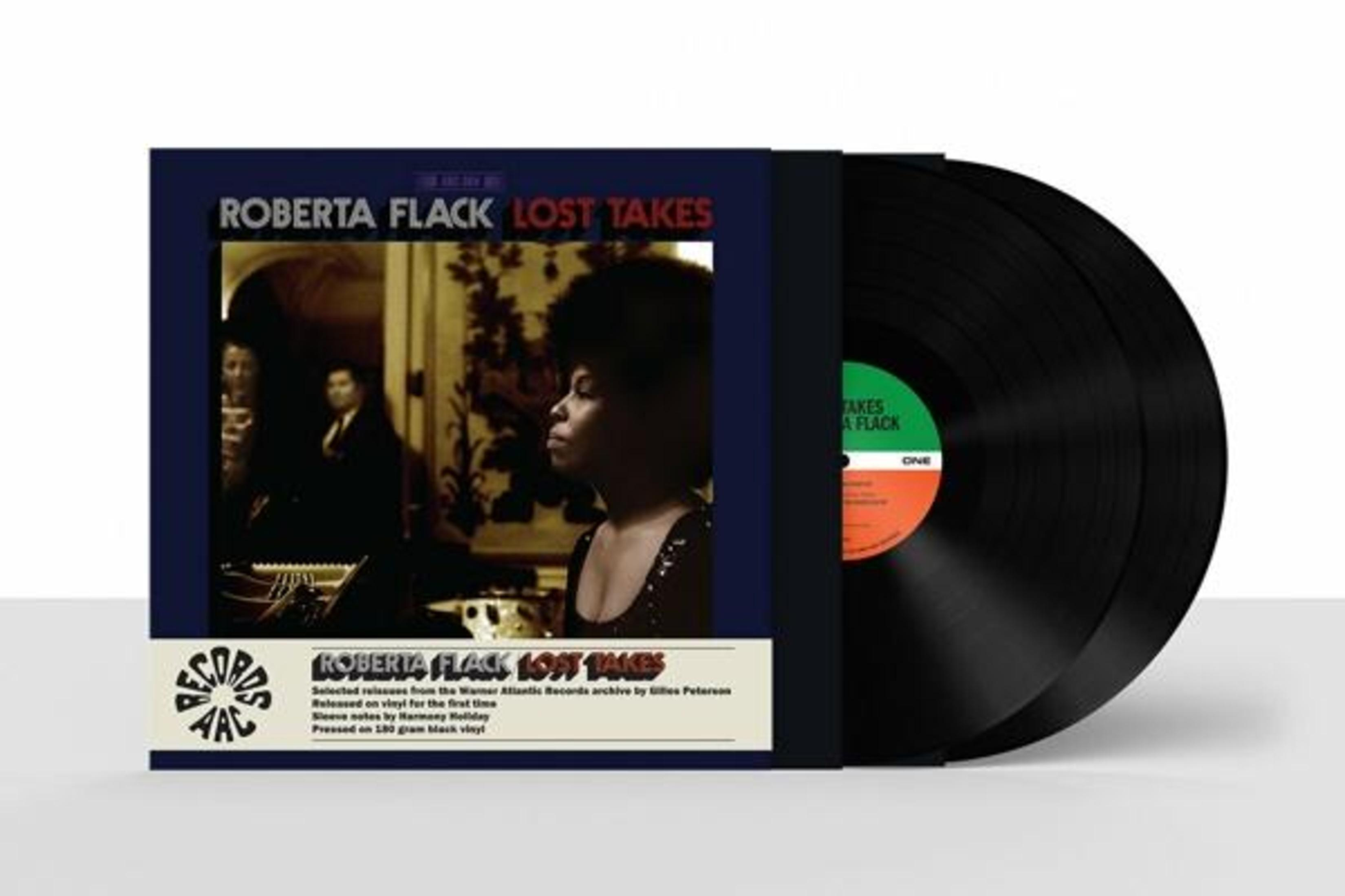 Copertina dell'album 'Lost Takes' di Roberta Flack. Presenta l'artwork dell'album, dischi in vinile neri e dettagli testuali.