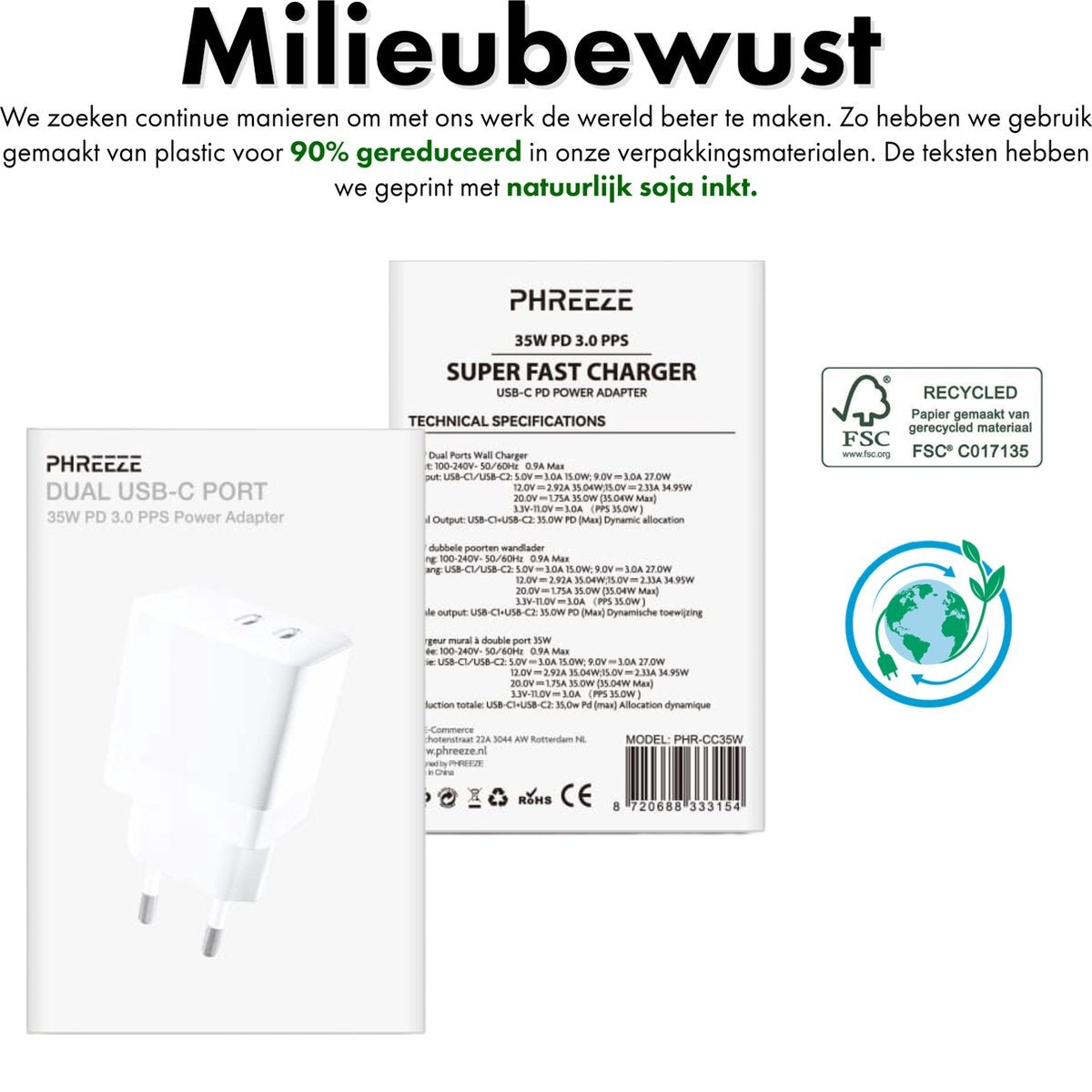 Witte oplader met 'Phreeze'. Tekst met technische specificaties. FSC-logo voor gerecycled papier rechts. Nederlandse tekst.