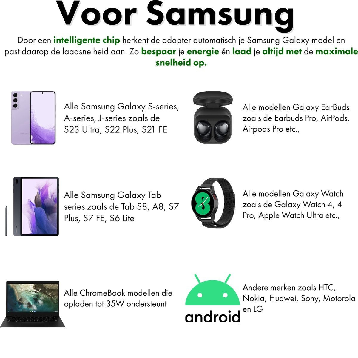 Afbeelding toont Samsung producten zoals telefoons, oordopjes, tablets en horloges. Het toont ook Android logo en ChromeBook.