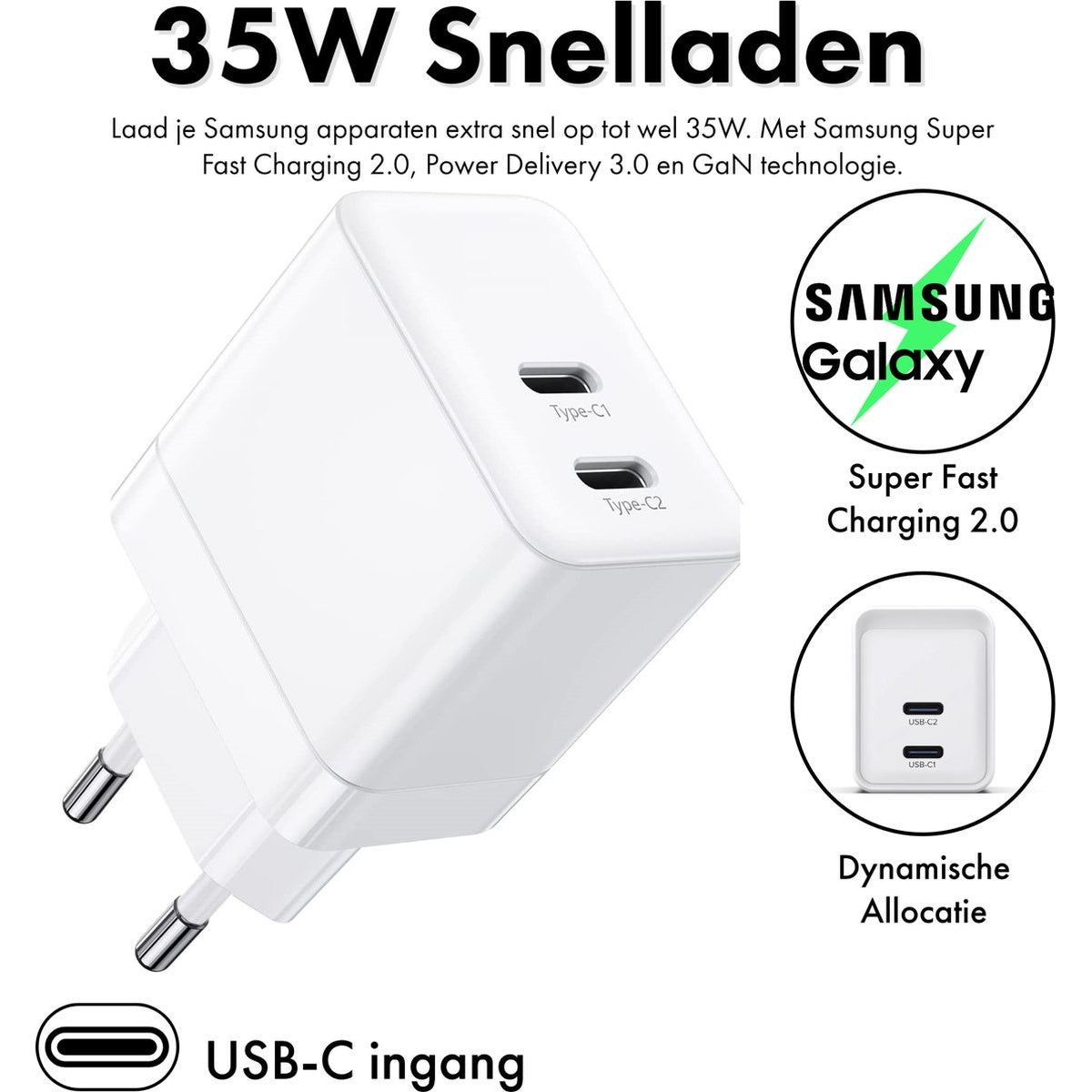 Witte Samsung oplader met USB-C poorten, gemarkeerd '35W Snelladen'. Inclusief 'SAMSUNG Galaxy' en 'Super Fast Charging 2.0' details.