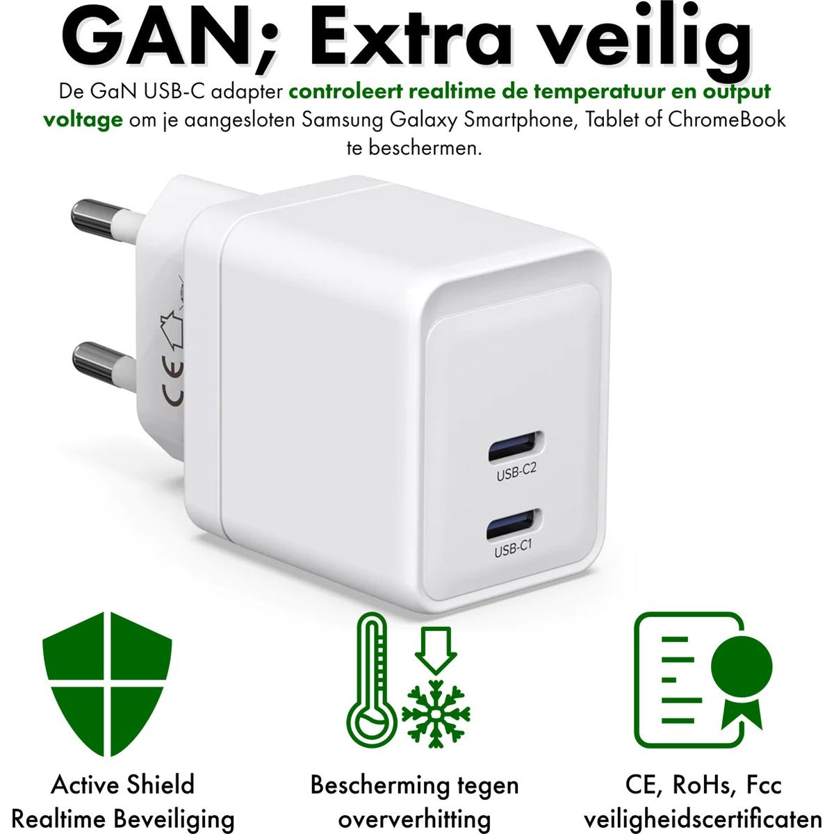 Een witte USB-C-oplader met twee poorten en stekker. Tekst luidt 'GAN; Extra veilig' en beschrijft veiligheidsfuncties.