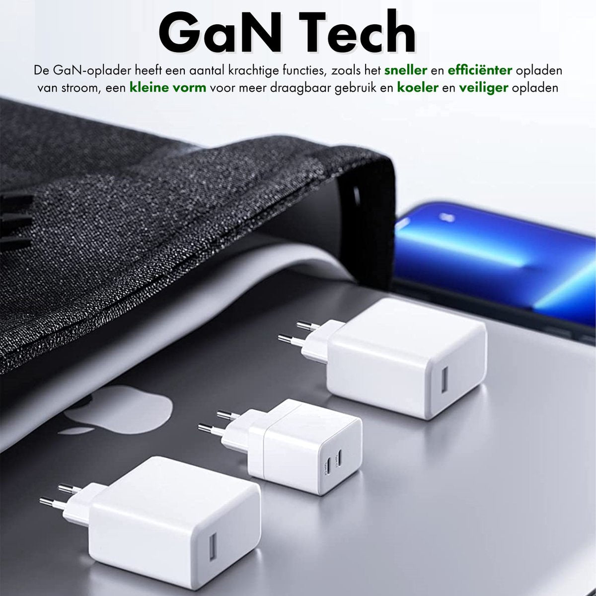 Drie witte GaN-laders op een laptop. Op de achtergrond is een telefoon te zien. De tekst zegt GaN Tech.