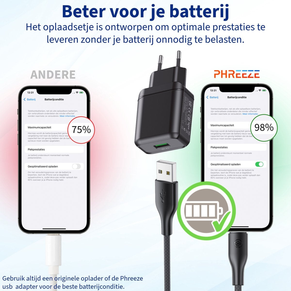 Afbeelding toont telefoon opladen, met oplader en kabel. Eén telefoon toont 75% batterij, de andere 98%. Tekst promoot batterijgezondheid.