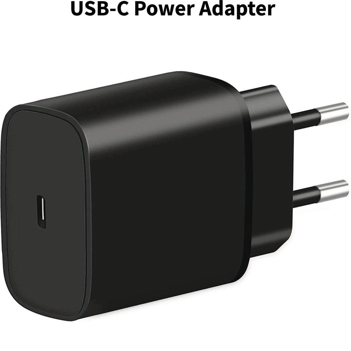 A black USB-C power adapter with two silver prongs. It has a rectangular body with a single USB-C port.