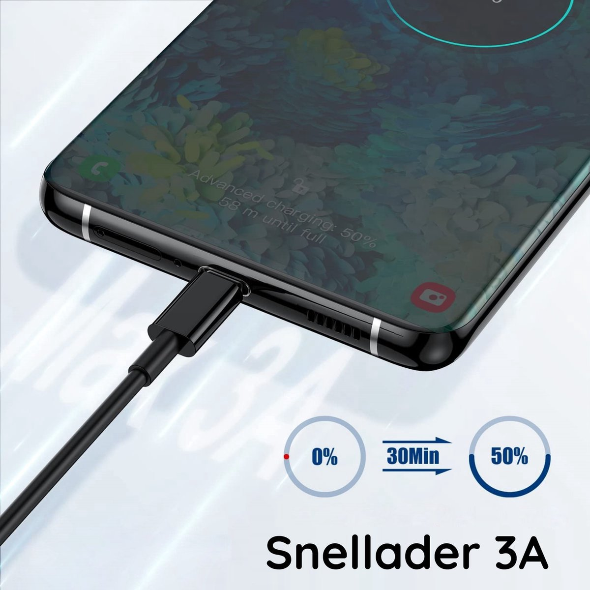 A phone is charging with a black cable. The screen shows 50% charge, with a 30-minute estimate to reach full charge.