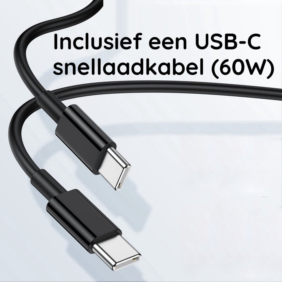Black USB-C charging cable with silver connectors, text in Dutch: Includes a USB-C fast charging cable (60W).