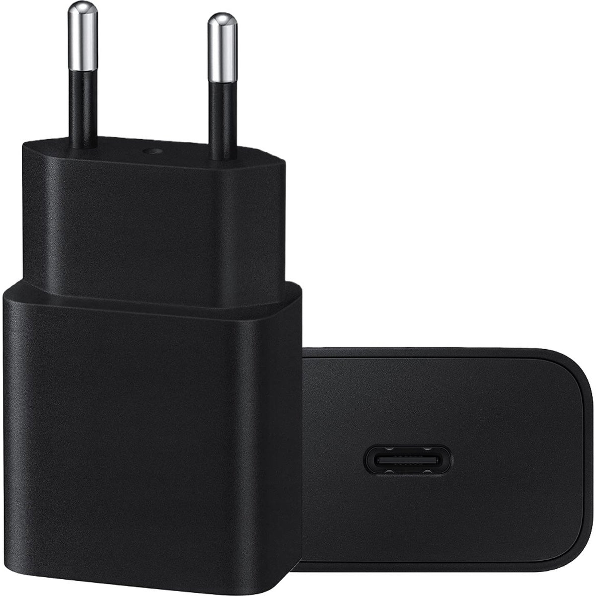 Black phone charger with two silver prongs and a USB-C port. The charger is on a white background.