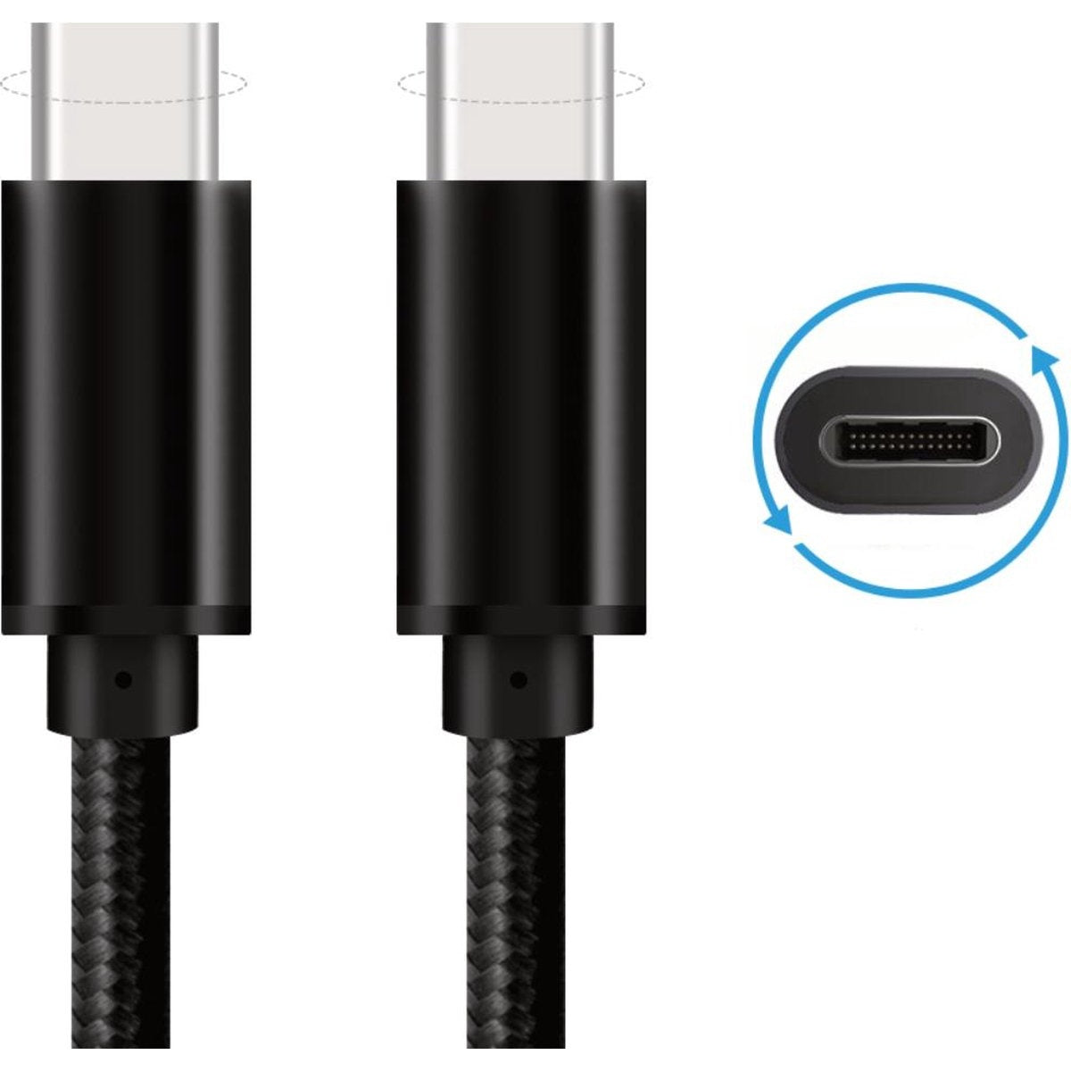 Two black USB-C cables with white connectors. One cable end is highlighted. A circular view of a USB-C port is on the right.