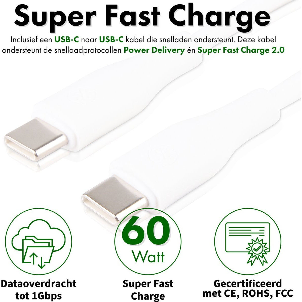 Witte USB-C-kabel met metalen uiteinden. Tekst vermeldt snel opladen, 60W en gegevensoverdracht. Pictogrammen tonen gegevens, stroom en certificeringen.