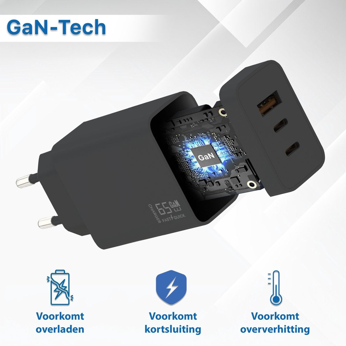 Er wordt een zwarte GaN-oplader weergegeven, met functies zoals snel opladen, het voorkomen van overbelasting, kortsluiting en oververhitting.