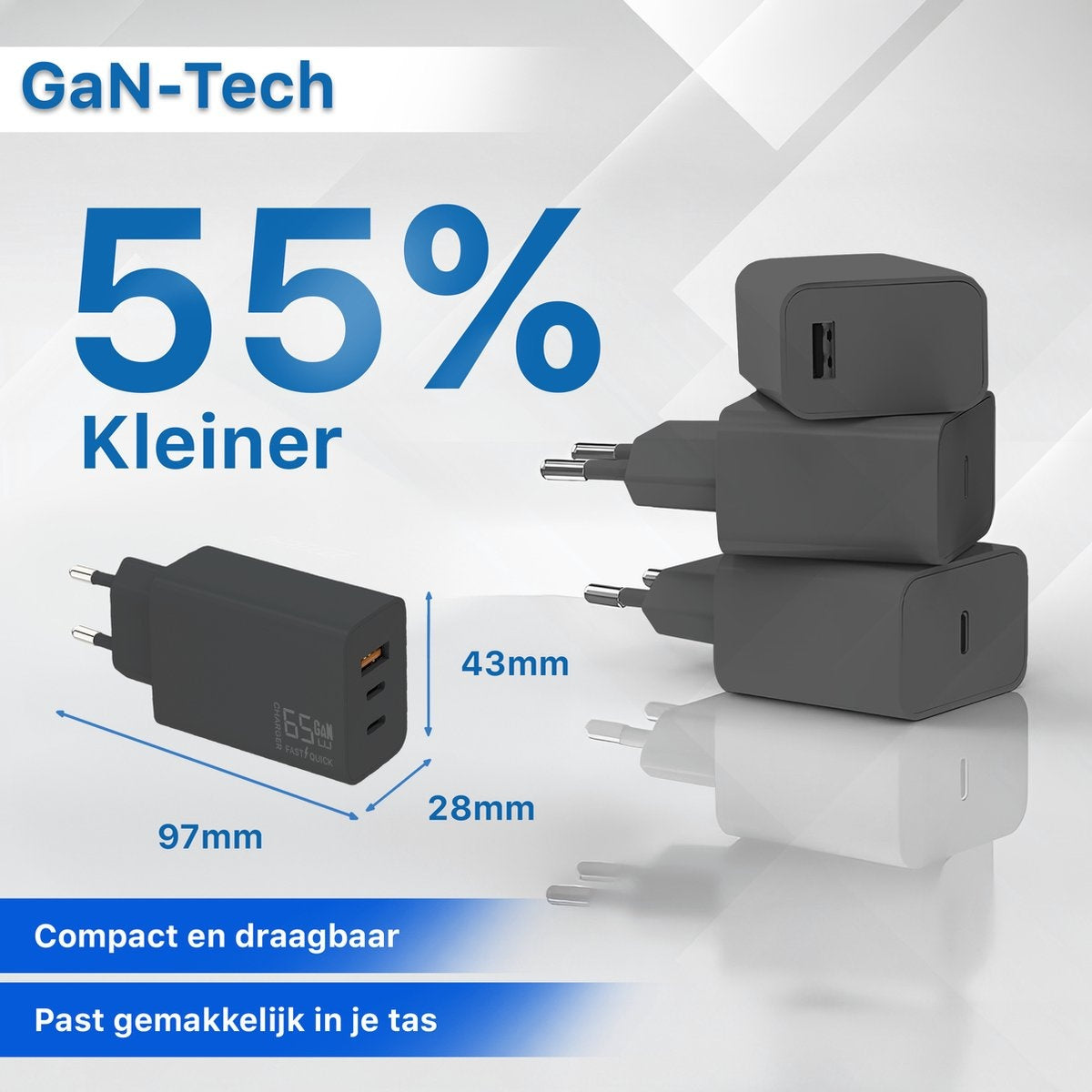 Afbeelding toont een zwarte oplader, aangeduid als 55% kleiner, met afmetingen en tekst zoals 'Compact'.