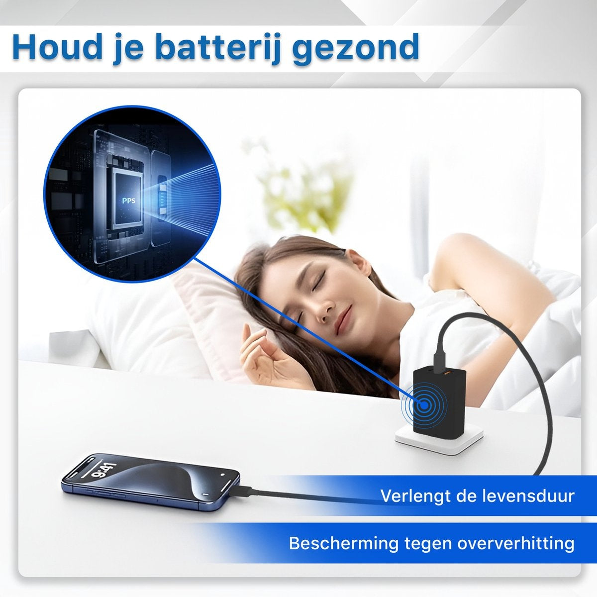 Slapende vrouw terwijl telefoon oplaadt. Oplader op tafel, blauwe kabel naar telefoon, afbeelding van een printplaat.