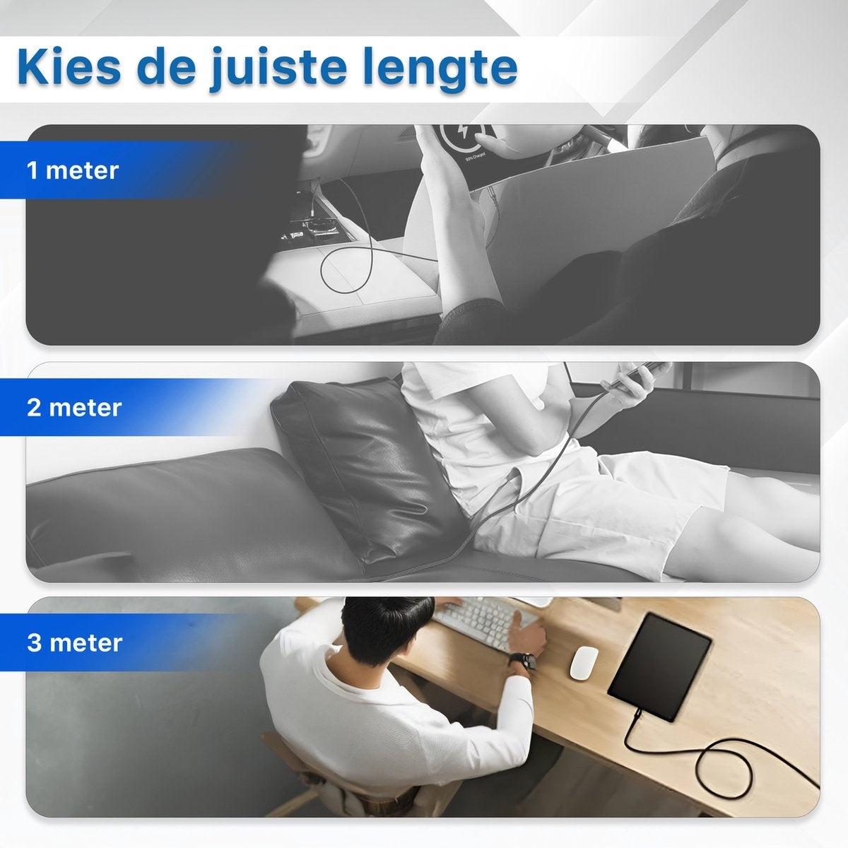 Afbeelding toont drie scenario's: opladen in een auto, op een bank en aan een bureau. Elk benadrukt een andere kabellengte.