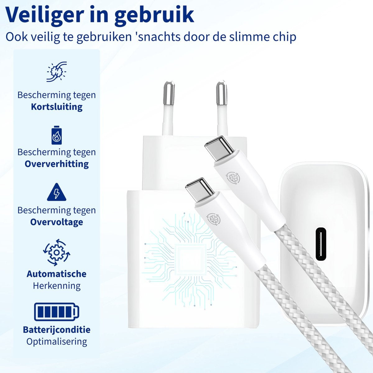 Image shows white chargers and cables. Text highlights safety features: short circuit, overheating, overvoltage protection, automatic recognition.