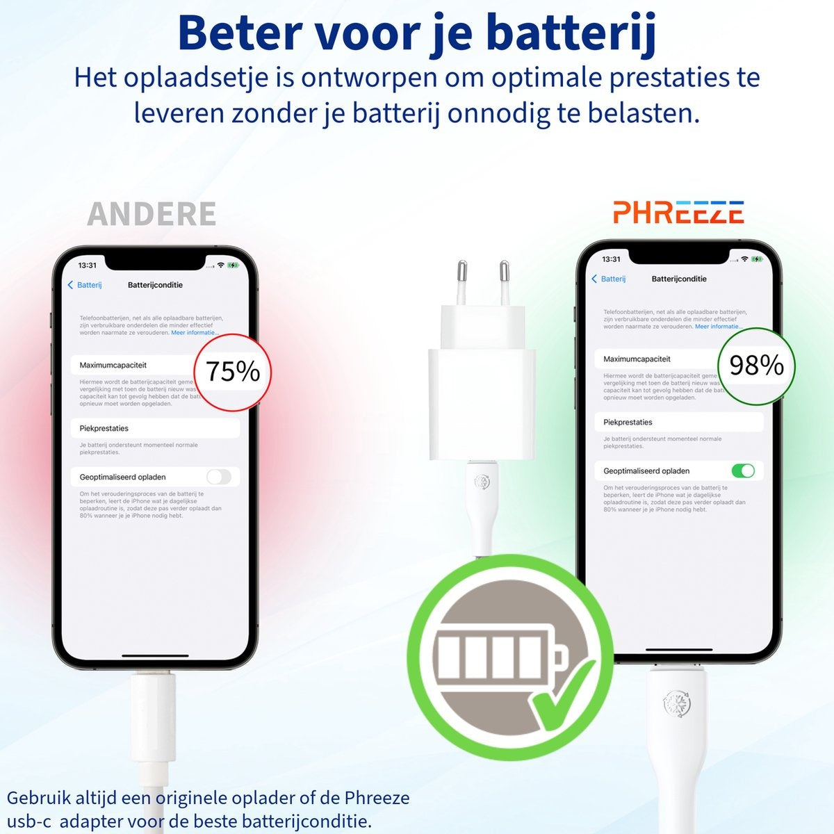 Image shows two phones charging, one at 75%, the other at 98%. A charger is in the middle with a battery icon.