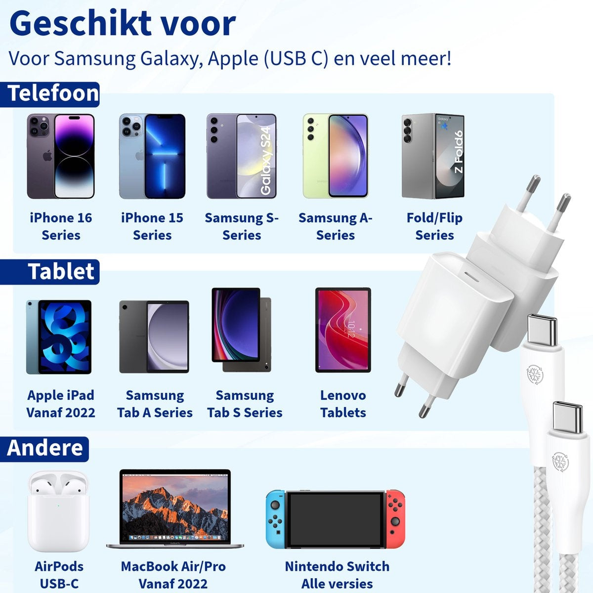 Image shows phones, tablets, and accessories like AirPods, a MacBook, a Nintendo Switch, and USB-C chargers. Text says 'Suitable for'.