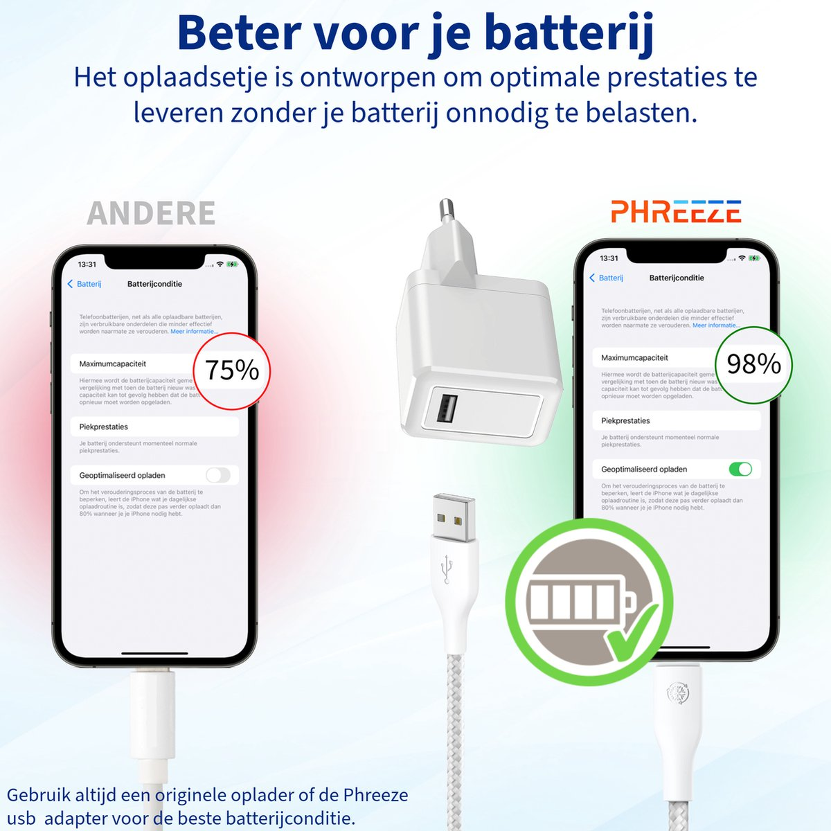 Afbeelding toont twee telefoons met batterij-info, een oplader en een USB-kabel. Eén telefoon toont 75%, de andere 98%.