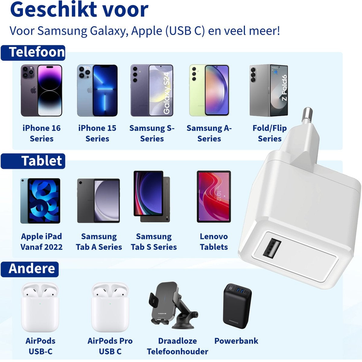 Afbeelding toont telefoons, tablets en accessoires: iPhones, Samsung telefoons, AirPods, tablet, telefoonhouder en een oplader.