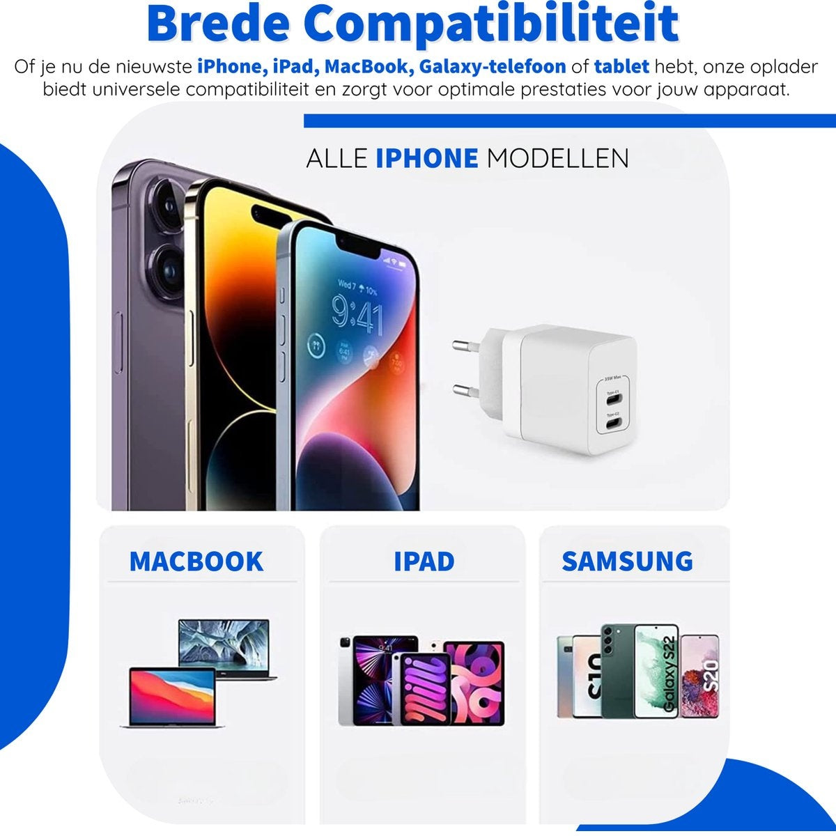 Image shows smartphones, a charger, and logos for MacBook, iPad, and Samsung. Text highlights broad compatibility.