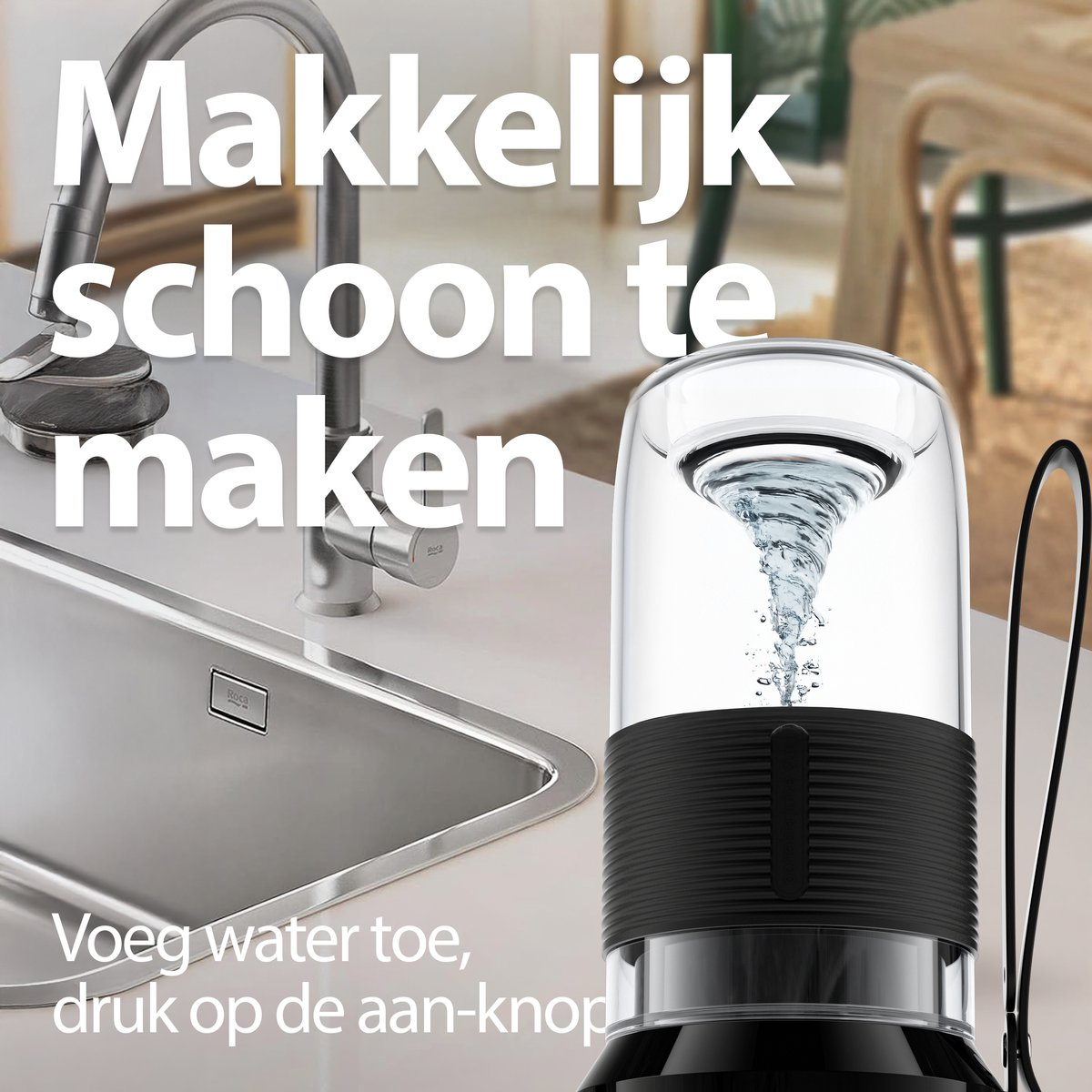 A water swirling device is on a counter. A sink and faucet are in the background. Text says: Easy to clean, add water, press the button.