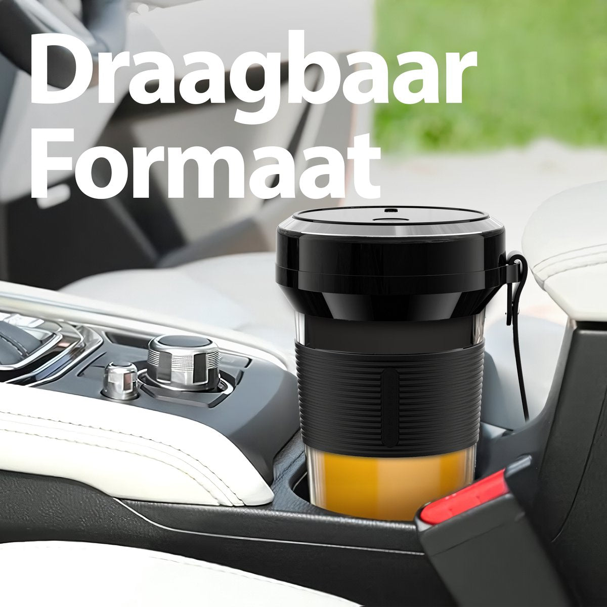 A black and clear portable blender sits in a car's cup holder, filled with yellow liquid. The car's interior is visible.
