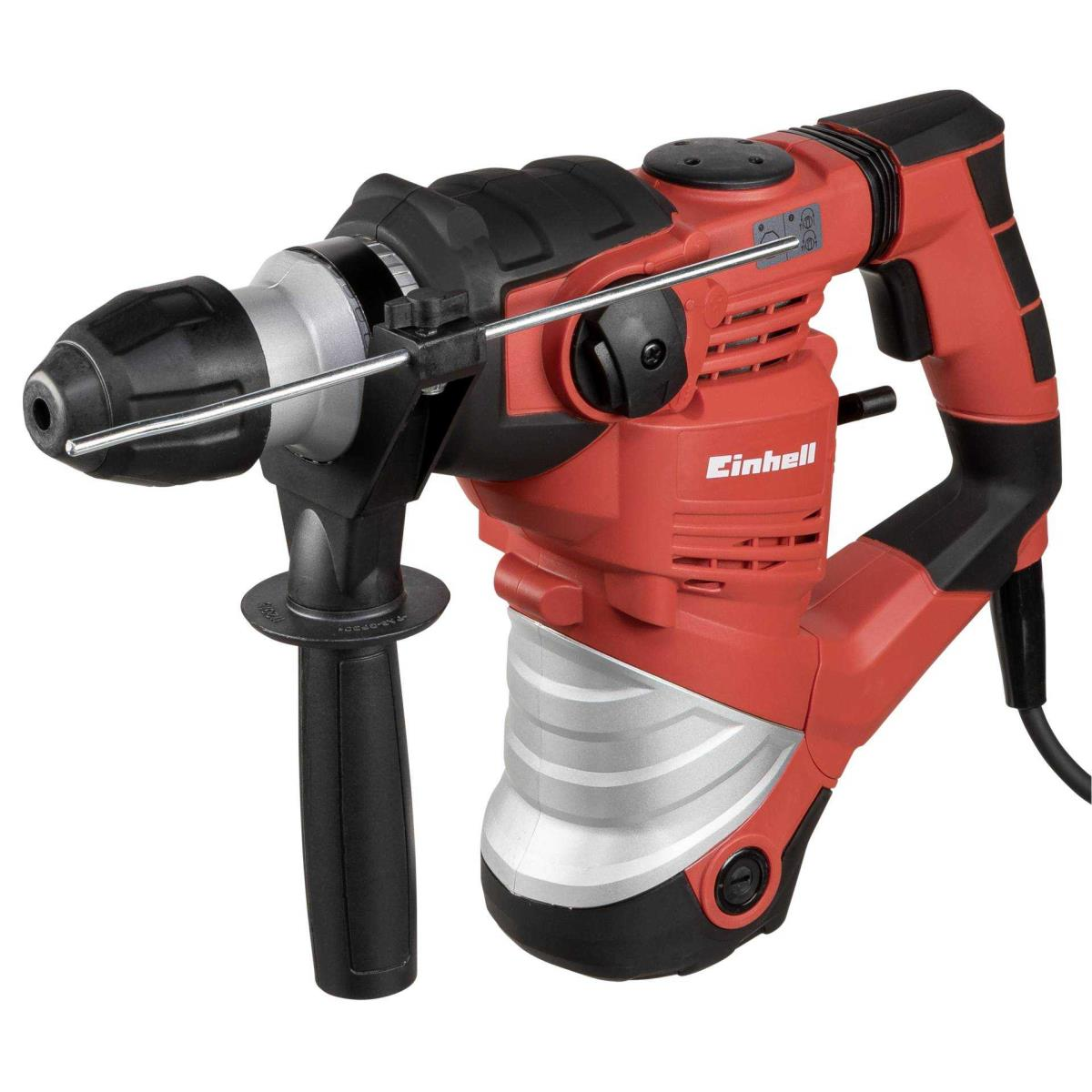 Un martillo rotativo Einhell rojo y negro. Tiene un mango negro, una broca plateada y un cable de alimentación negro.