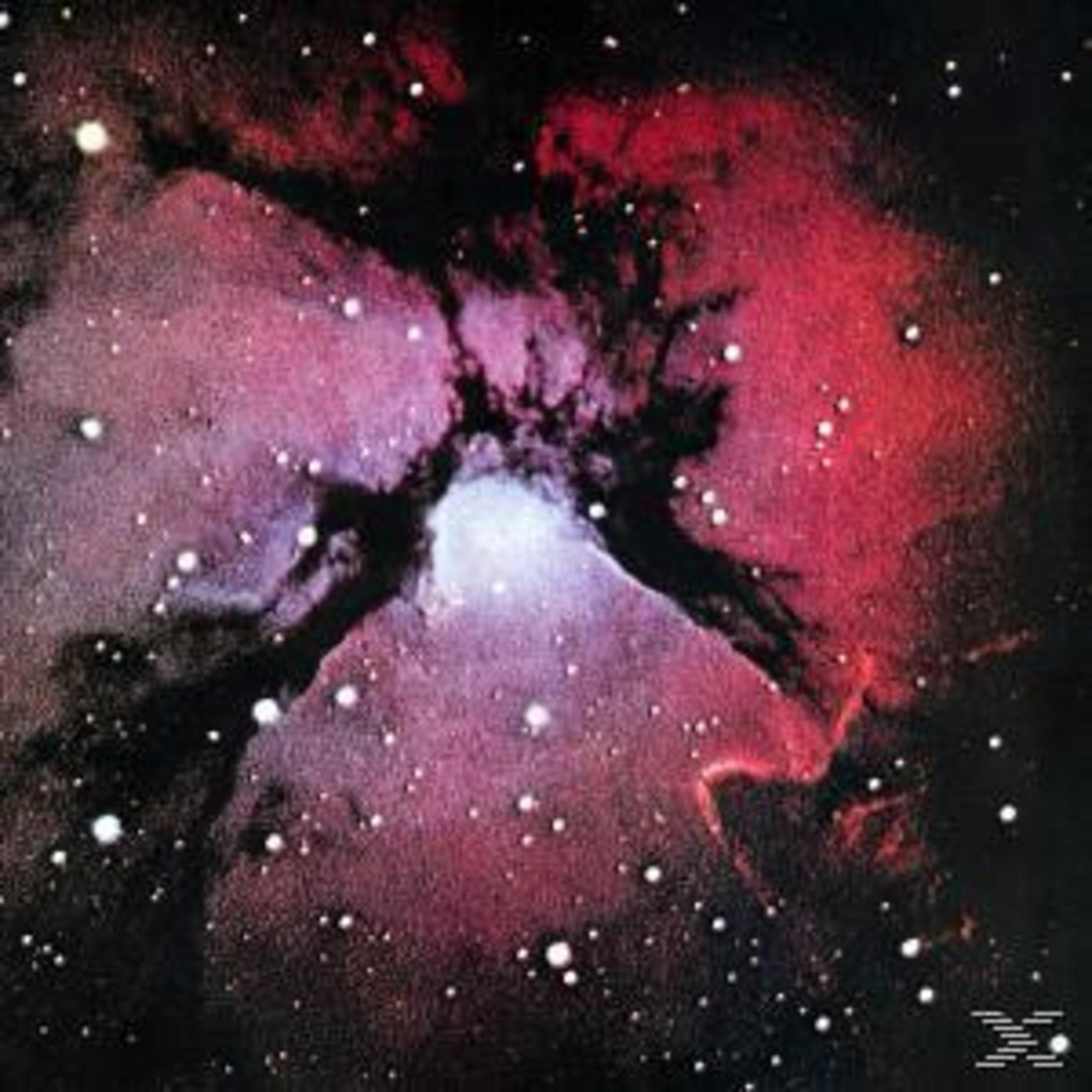 Nebula image with red, purple, and black hues. White stars are scattered throughout.  A bright white center is visible.