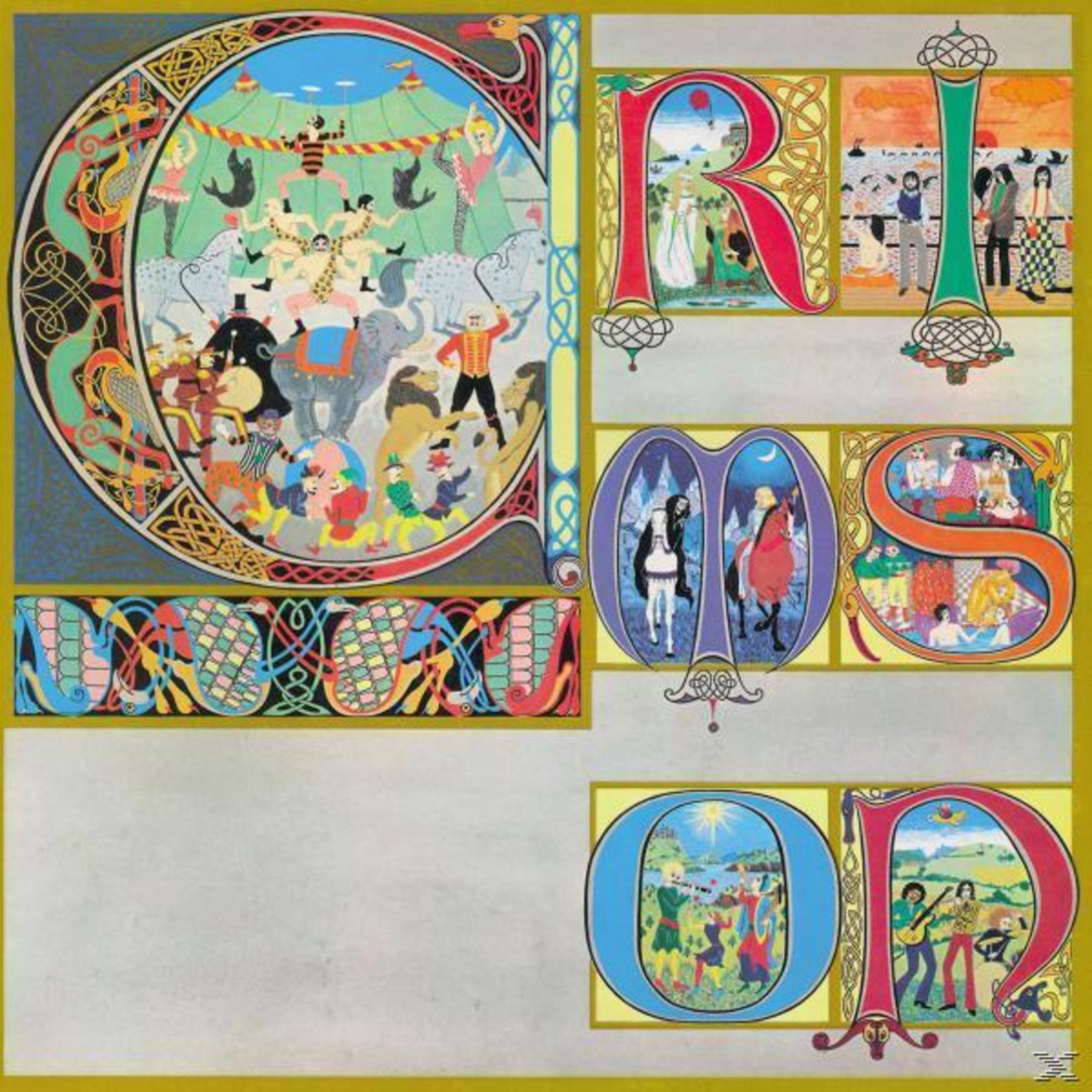 Colorful illustration with circus scenes, letters, and figures. Includes people, animals, and various decorative elements.