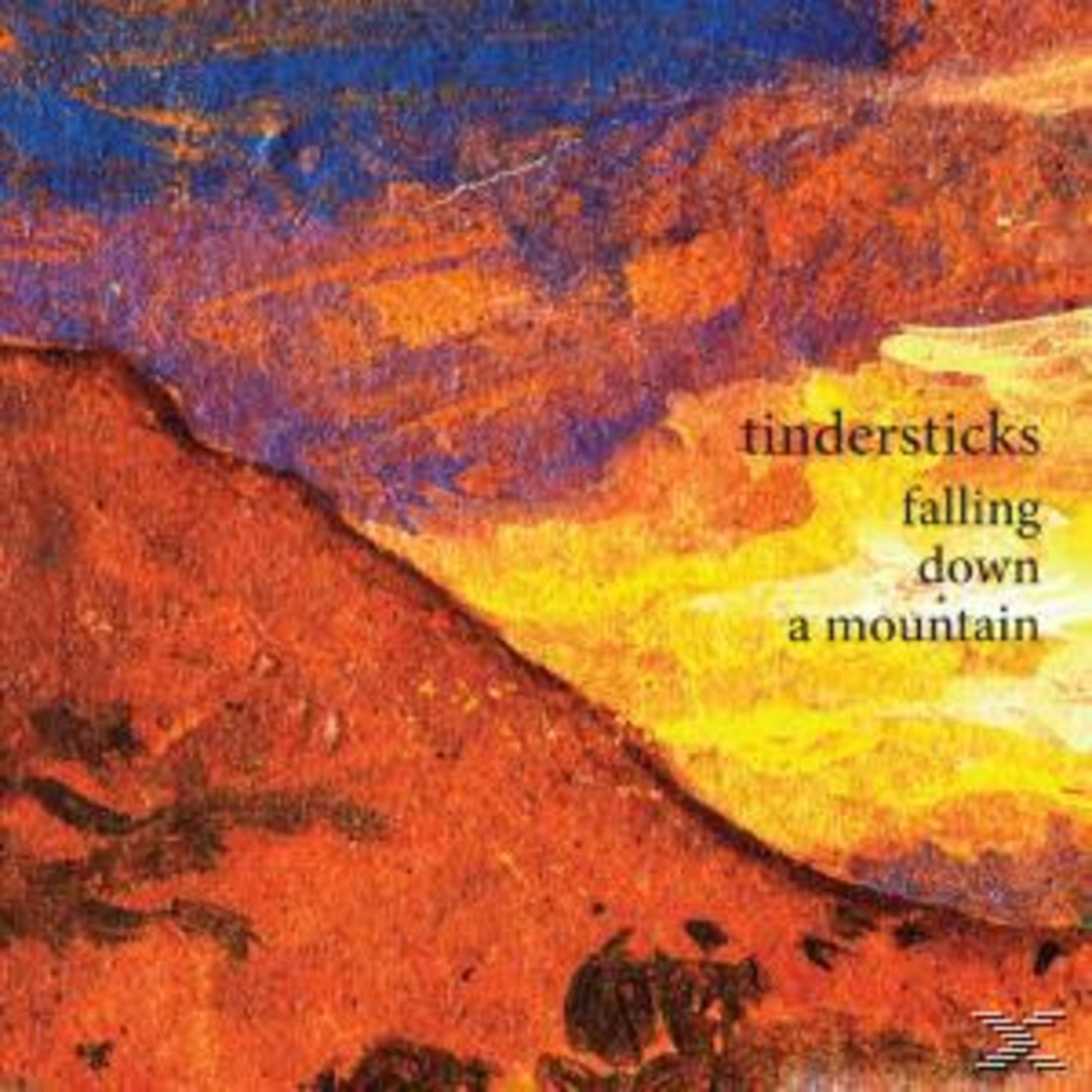 Abstrakte Kunst mit orangefarbenem Berg, blauem Himmel und Text: tindersticks falling down a mountain.