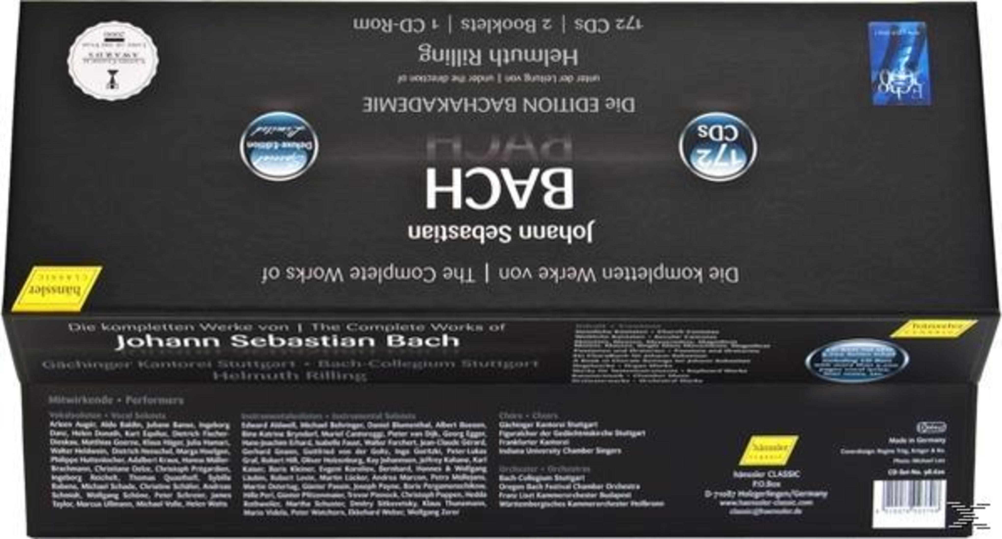 Schwarze Box mit Bachs Gesamtwerk. Enthält CDs, Booklets und eine CD-ROM. Mit Text und Logos.