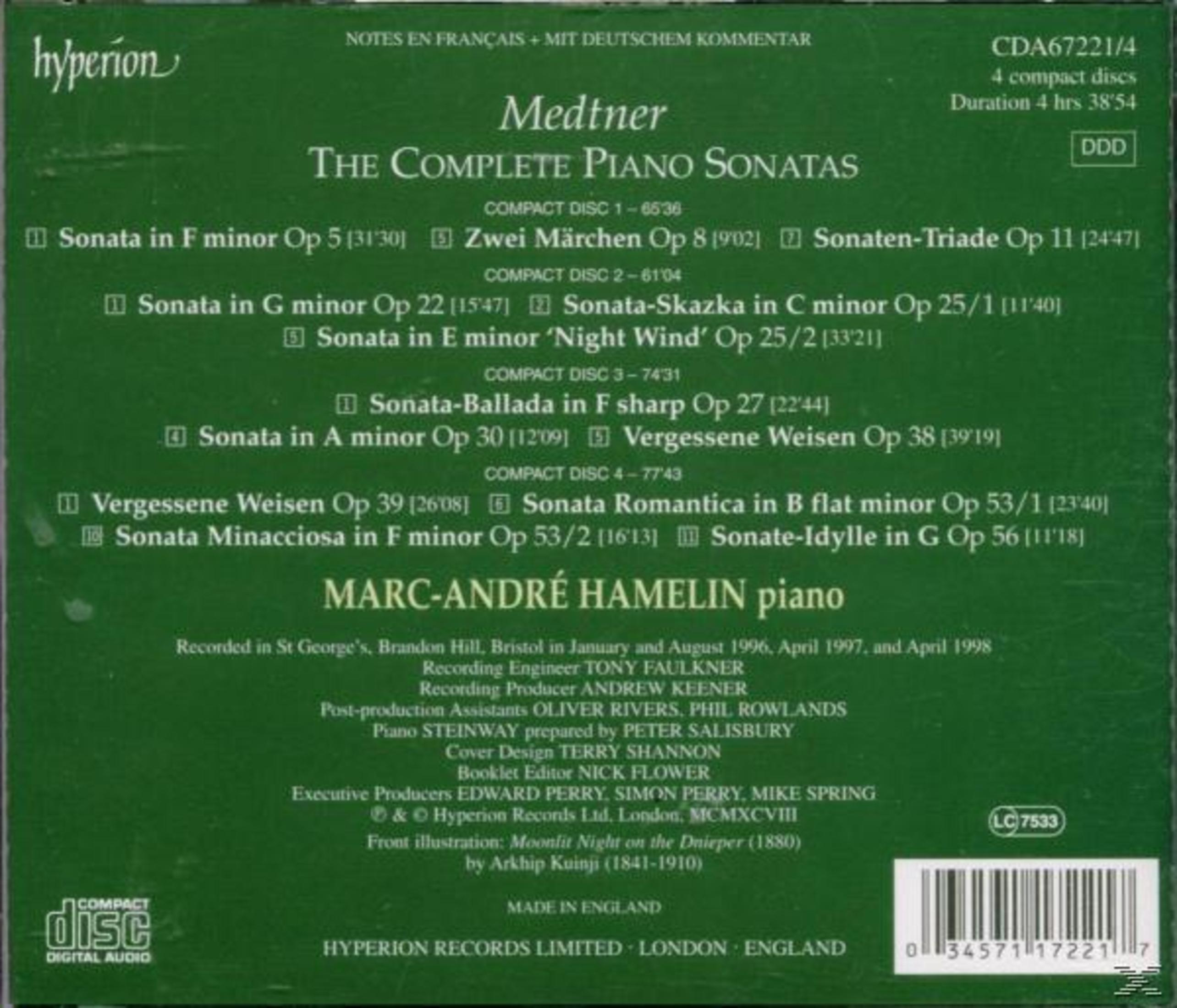 Grüner CD-Cover mit weißem Text. Es bewirbt eine Medtner-Klavier-Sonaten-Sammlung von Marc-André Hamelin.