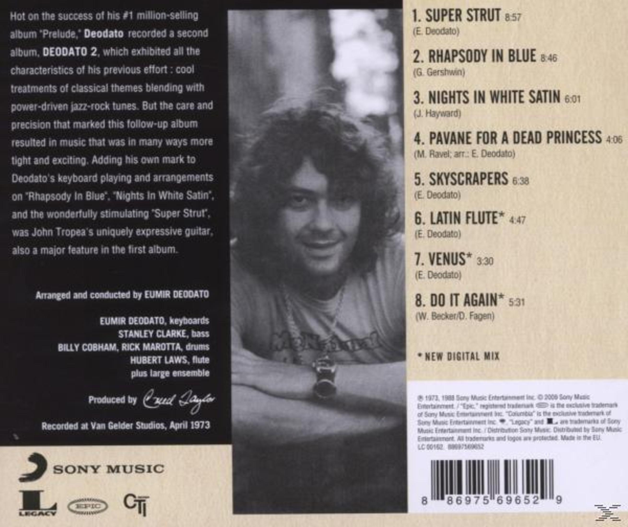 Albumcover mit lächelndem Mann, Titelliste und Text über das Album Deodato 2. Enthält Songtitel und Musikercredits.