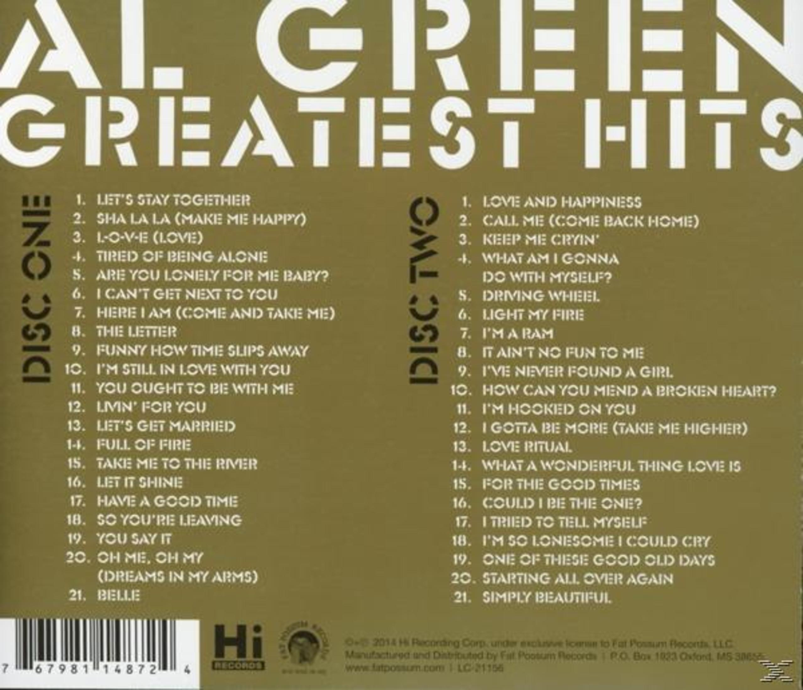 Albumcover von Al Green's Greatest Hits. Der Albumtitel steht oben. Die Titelliste befindet sich links und rechts.