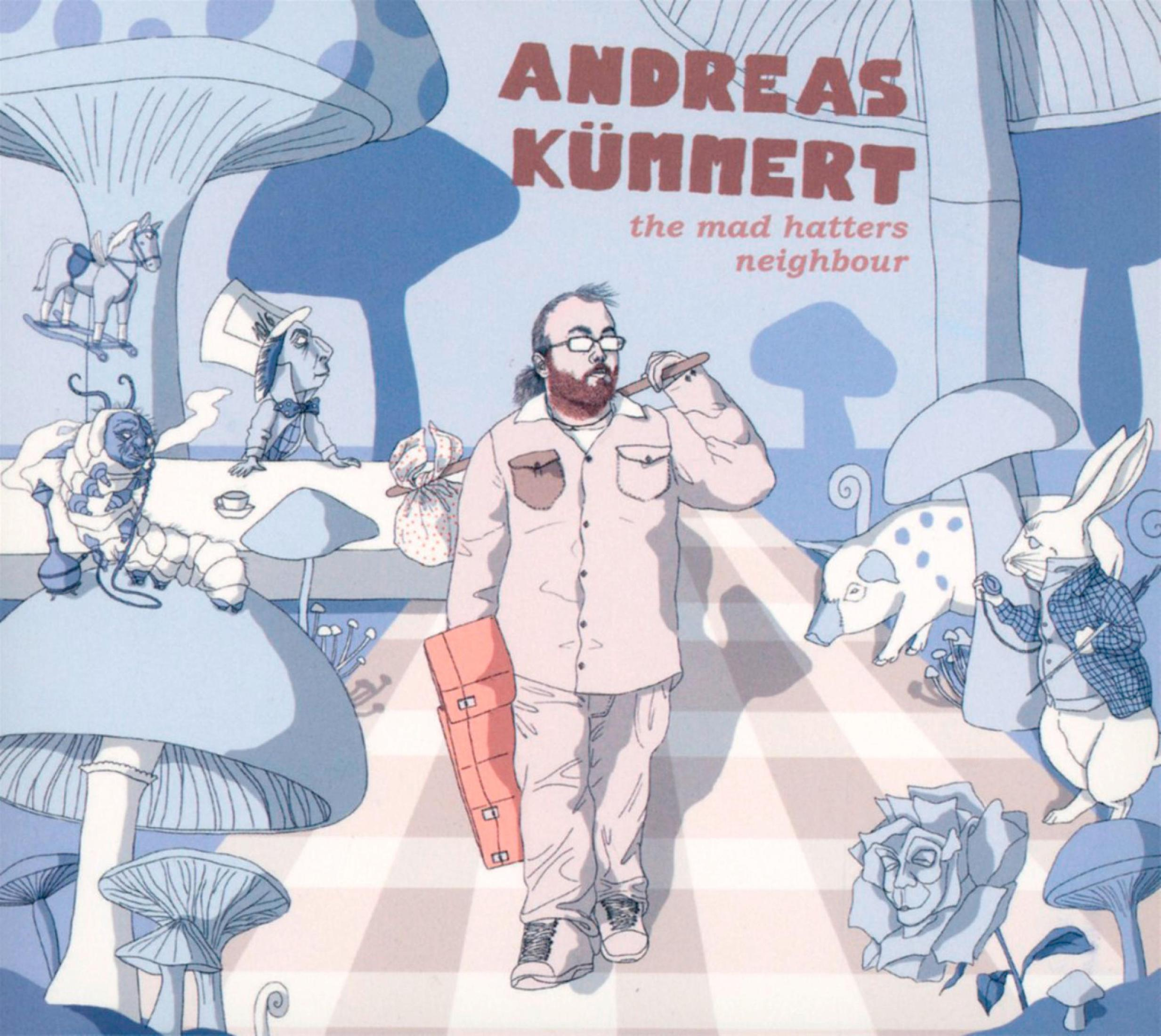 Illustration eines Mannes, der in einer Fantasiewelt spaziert. Oben steht Andreas Kümmert. Figuren wie Hase, Raupe.