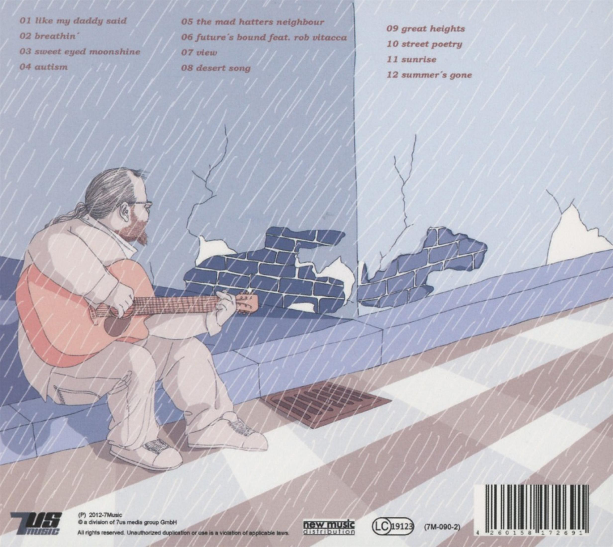 Albumcover. Ein Mann mit Brille spielt Gitarre im Regen vor einer Backsteinmauer.
