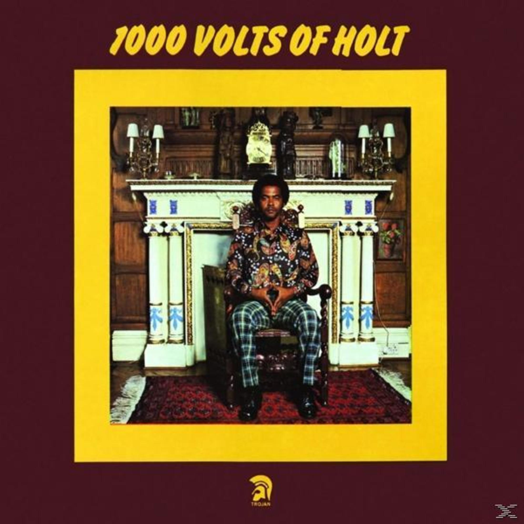 Albumcover für 1000 Volts of Holt. Mann in gemustertem Hemd und karierter Hose, sitzt in einem Stuhl, vor einem Kaminsims.
