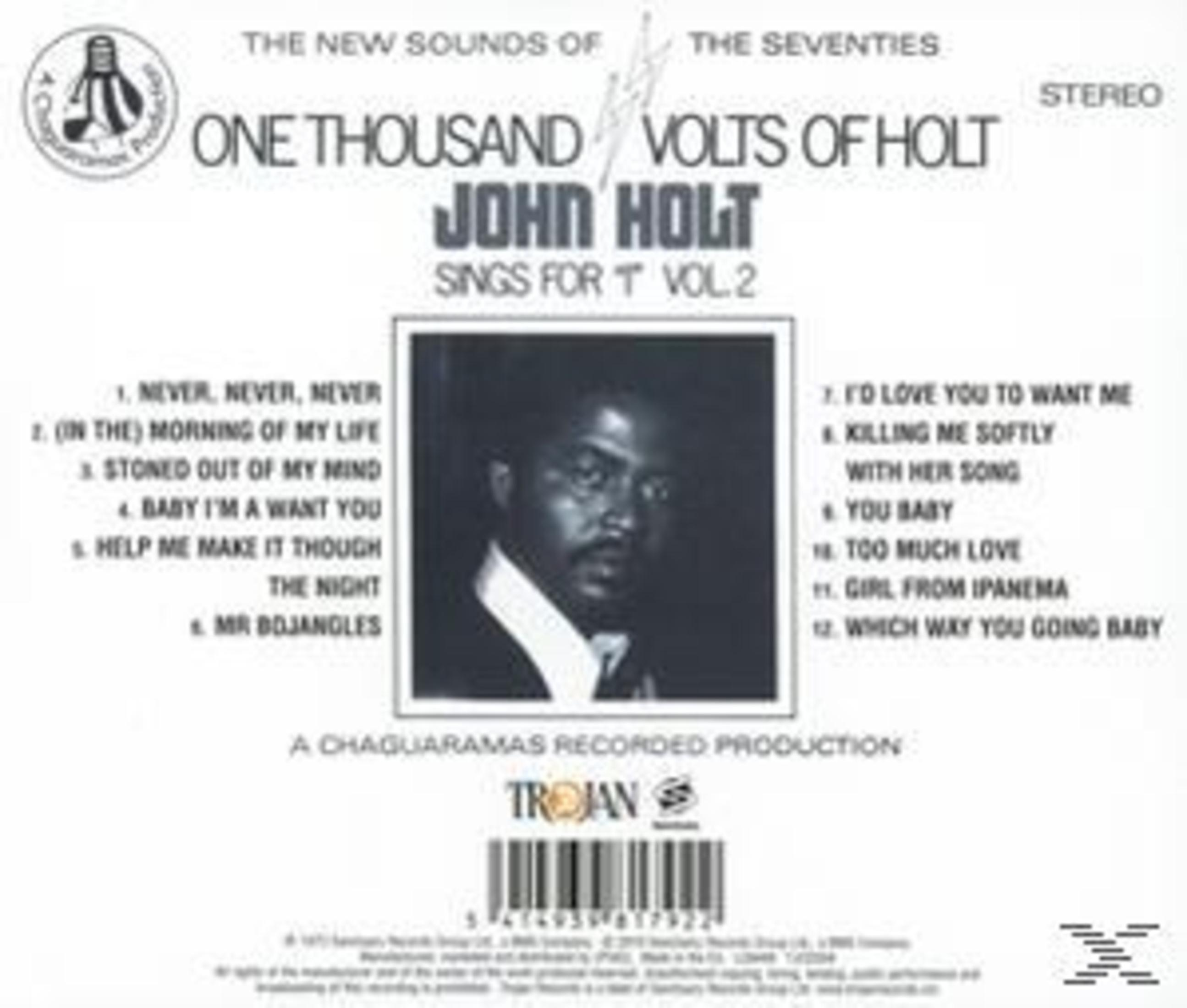 Albumcover von John Holt, 'One Thousand Volts of Holt'. Enthält Holts Porträt, Titelliste und Trojan Records Logo.
