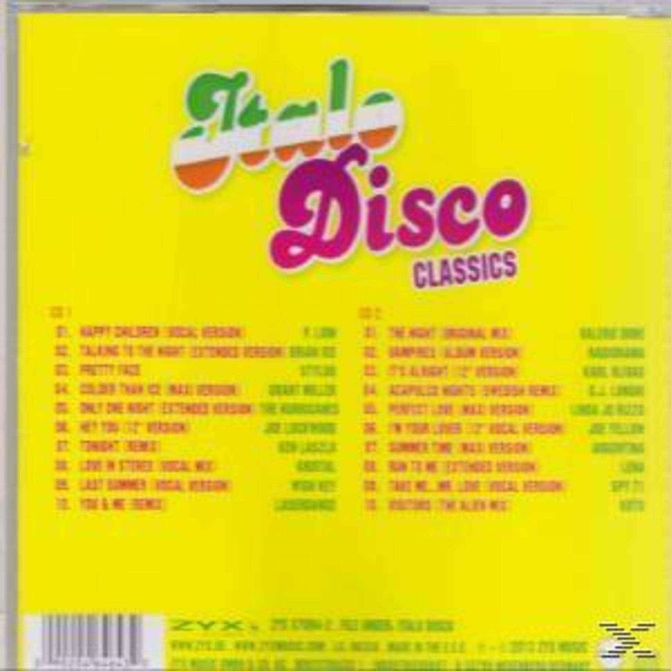 CD-Cover mit gelbem Hintergrund. Der Titel lautet 'Italo Disco Classics'. Links und rechts sind Titellisten.